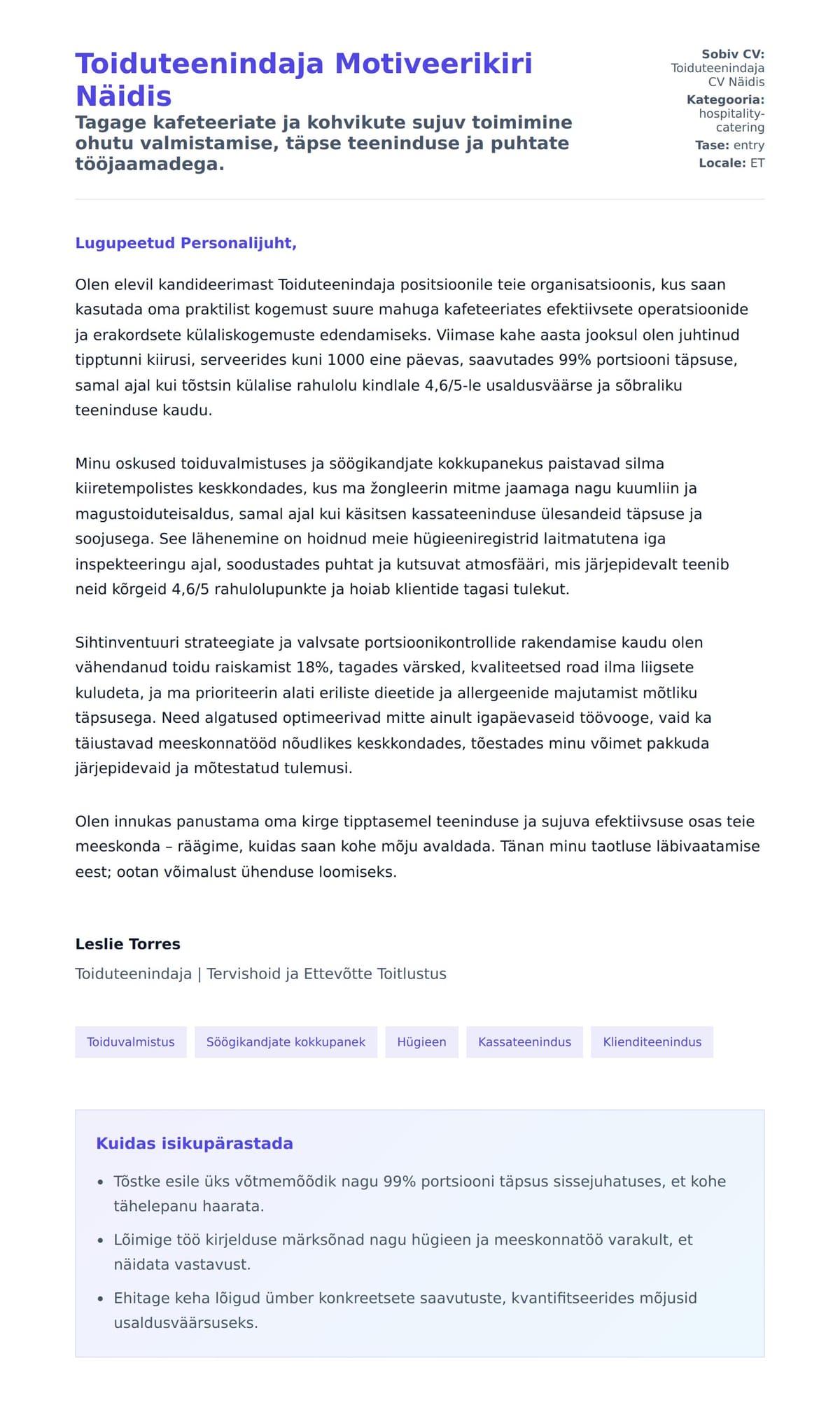 Kaaskirja eelvaade Toiduteenindaja Motiveerikiri Näidis jaoks