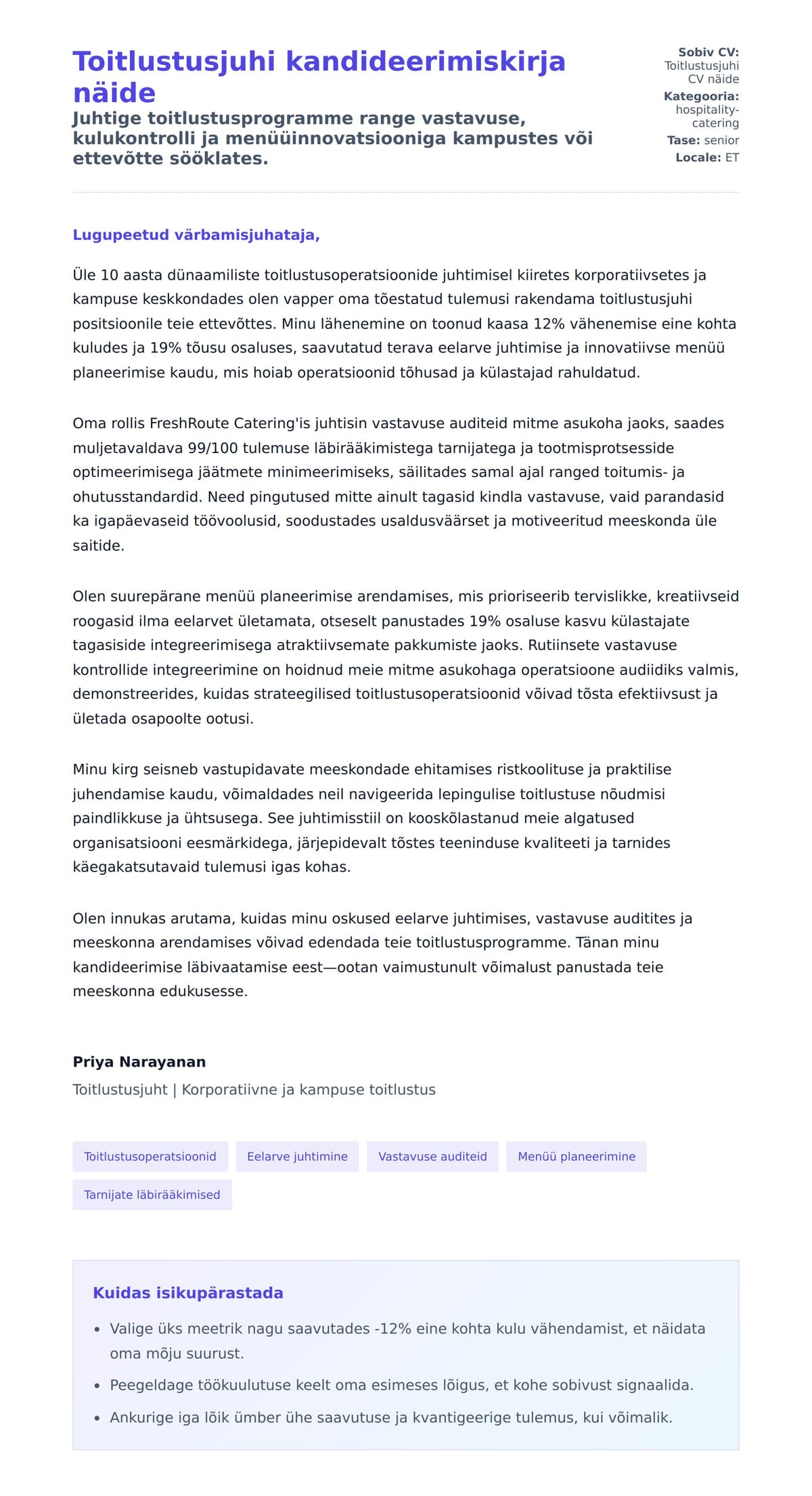 Kaaskirja eelvaade Toitlustusjuhi kandideerimiskirja näide jaoks