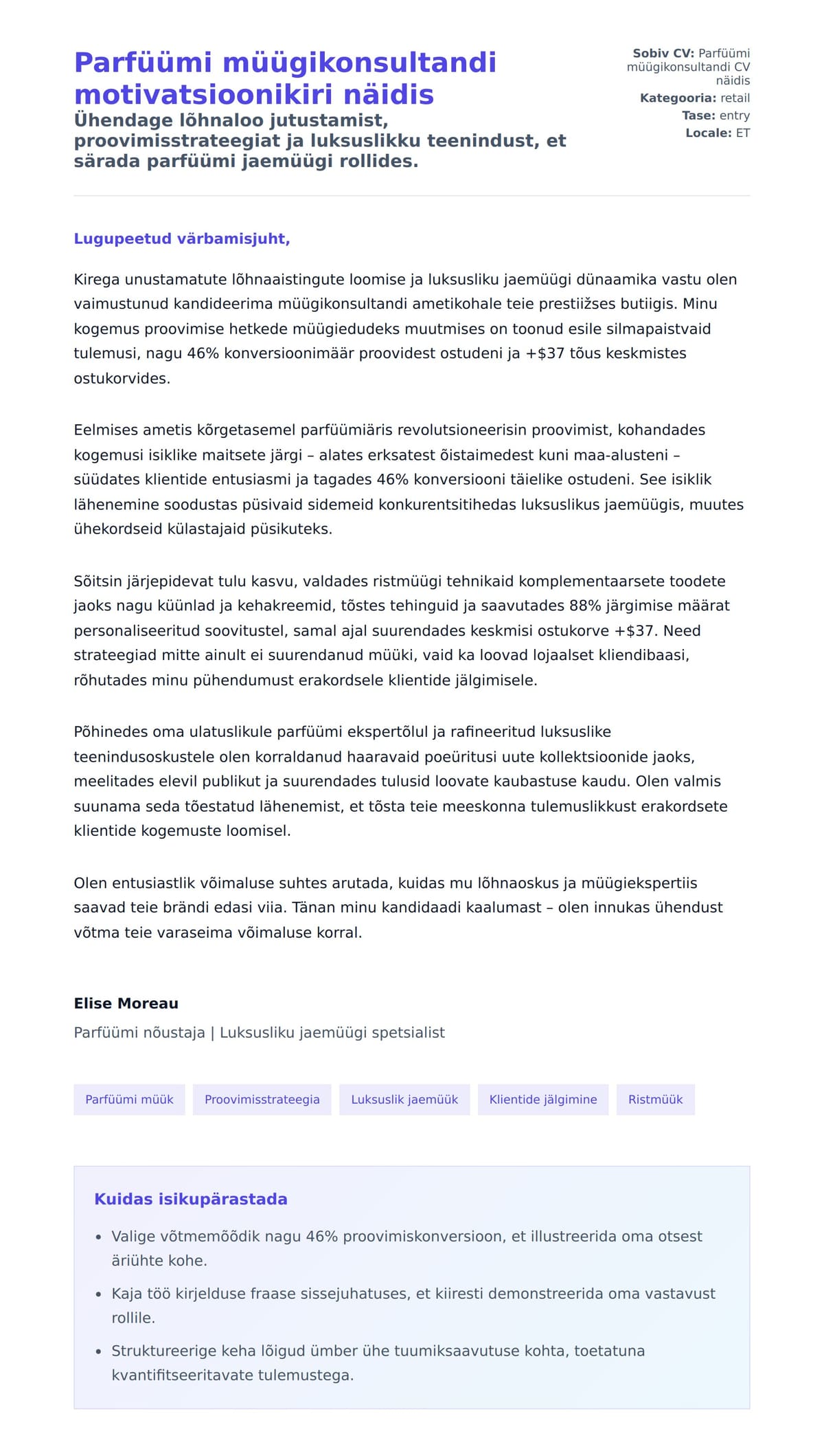 Kaaskirja eelvaade Parfüümi müügikonsultandi motivatsioonikiri näidis jaoks