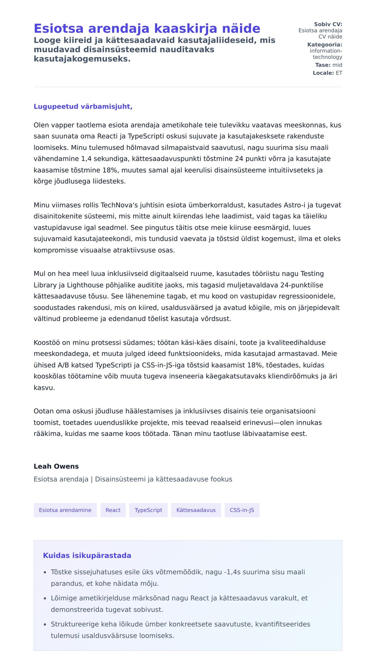 Kaaskirja eelvaade Esiotsa arendaja kaaskirja näide jaoks