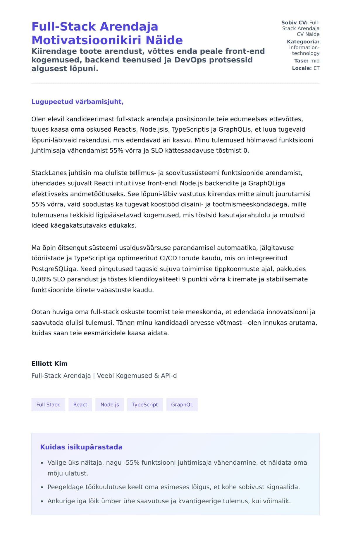 Kaaskirja eelvaade Full-Stack Arendaja Motivatsioonikiri Näide jaoks