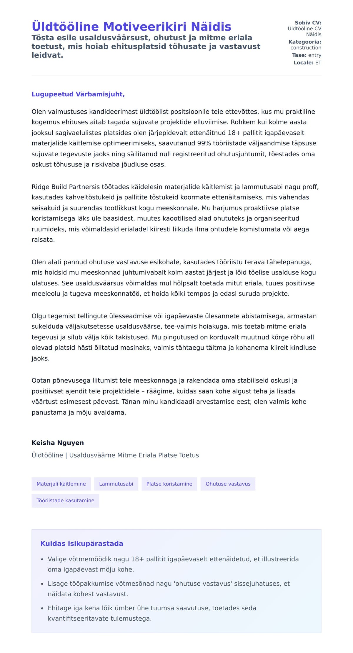 Kaaskirja eelvaade Üldtööline Motiveerikiri Näidis jaoks