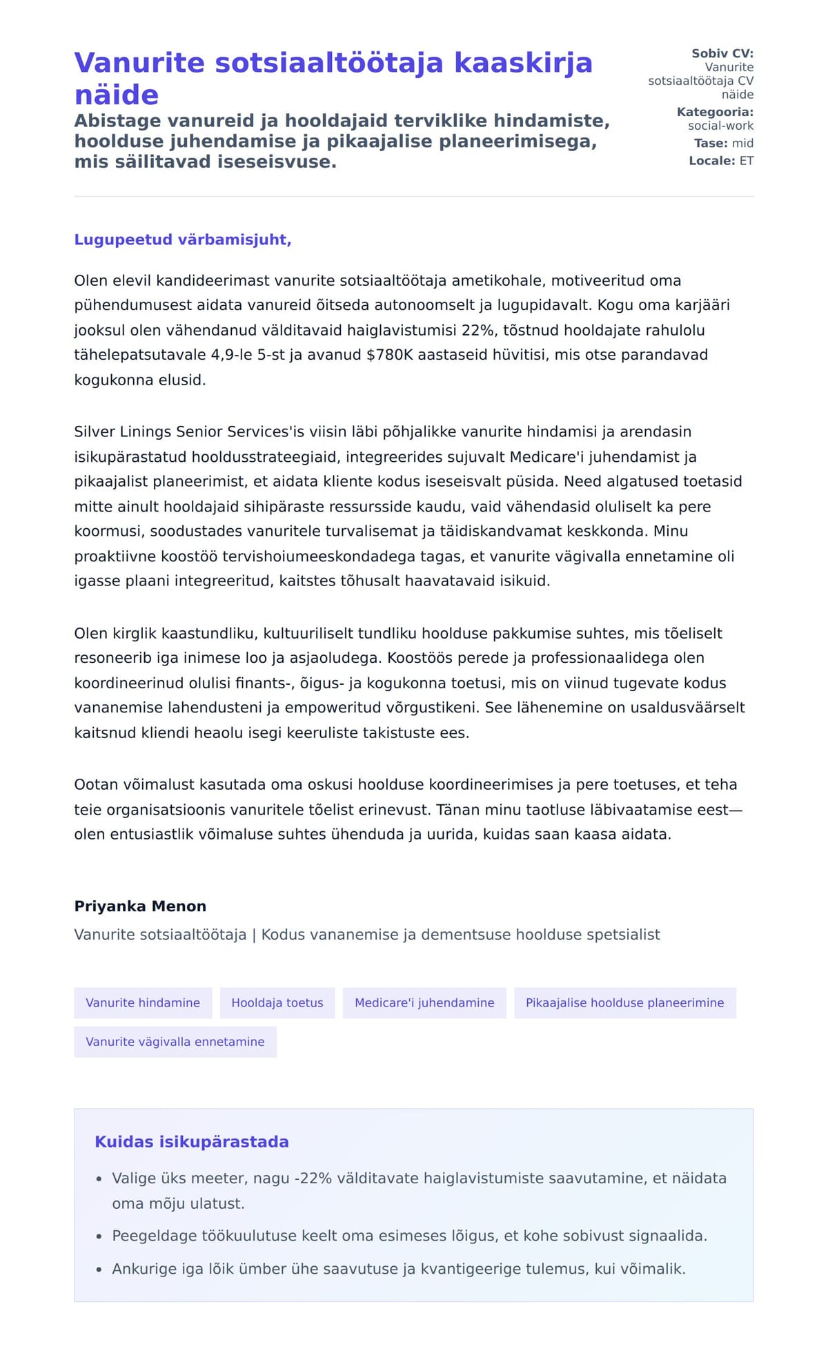 Kaaskirja eelvaade Vanurite sotsiaaltöötaja kaaskirja näide jaoks