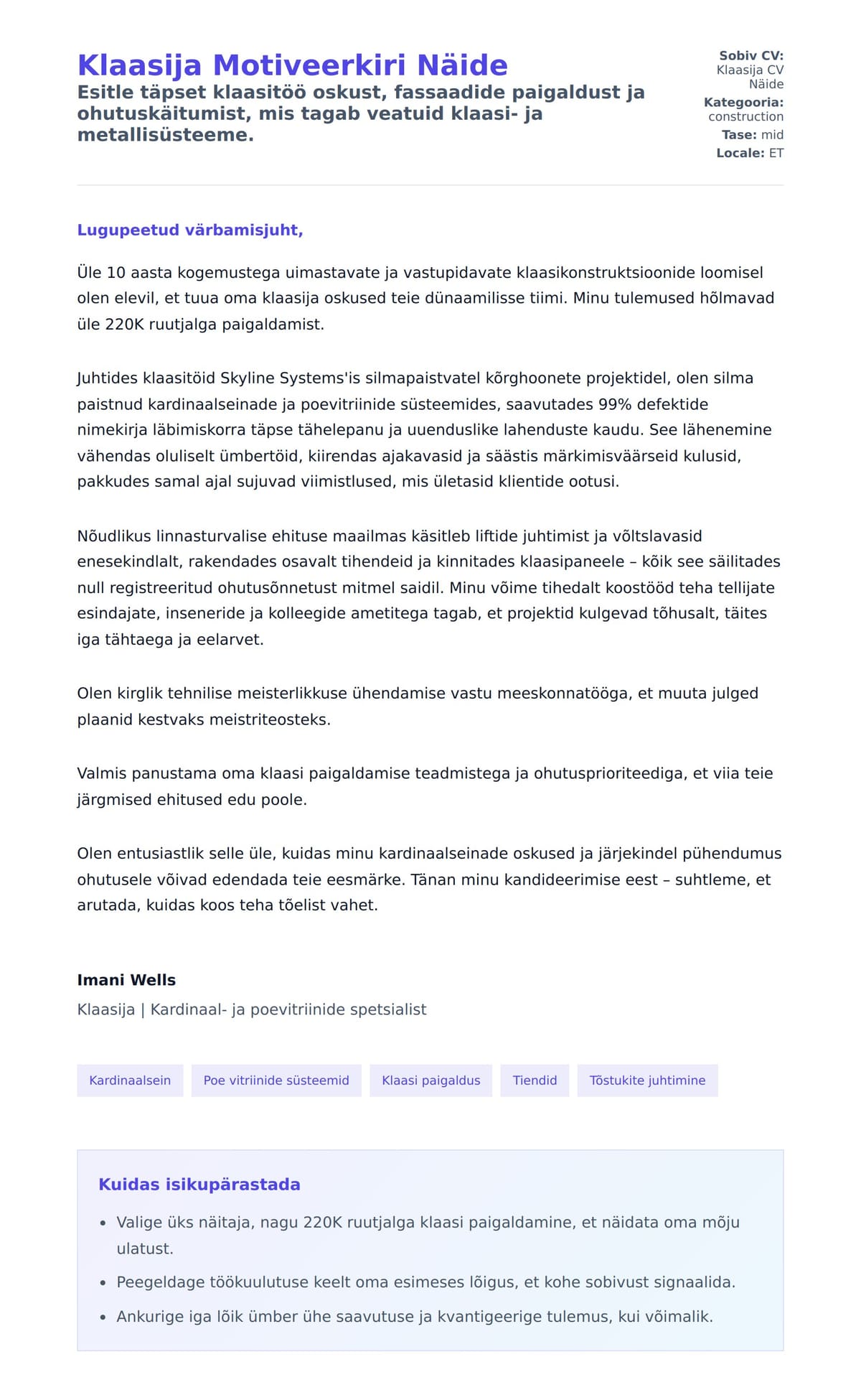 Kaaskirja eelvaade Klaasija Motiveerkiri Näide jaoks