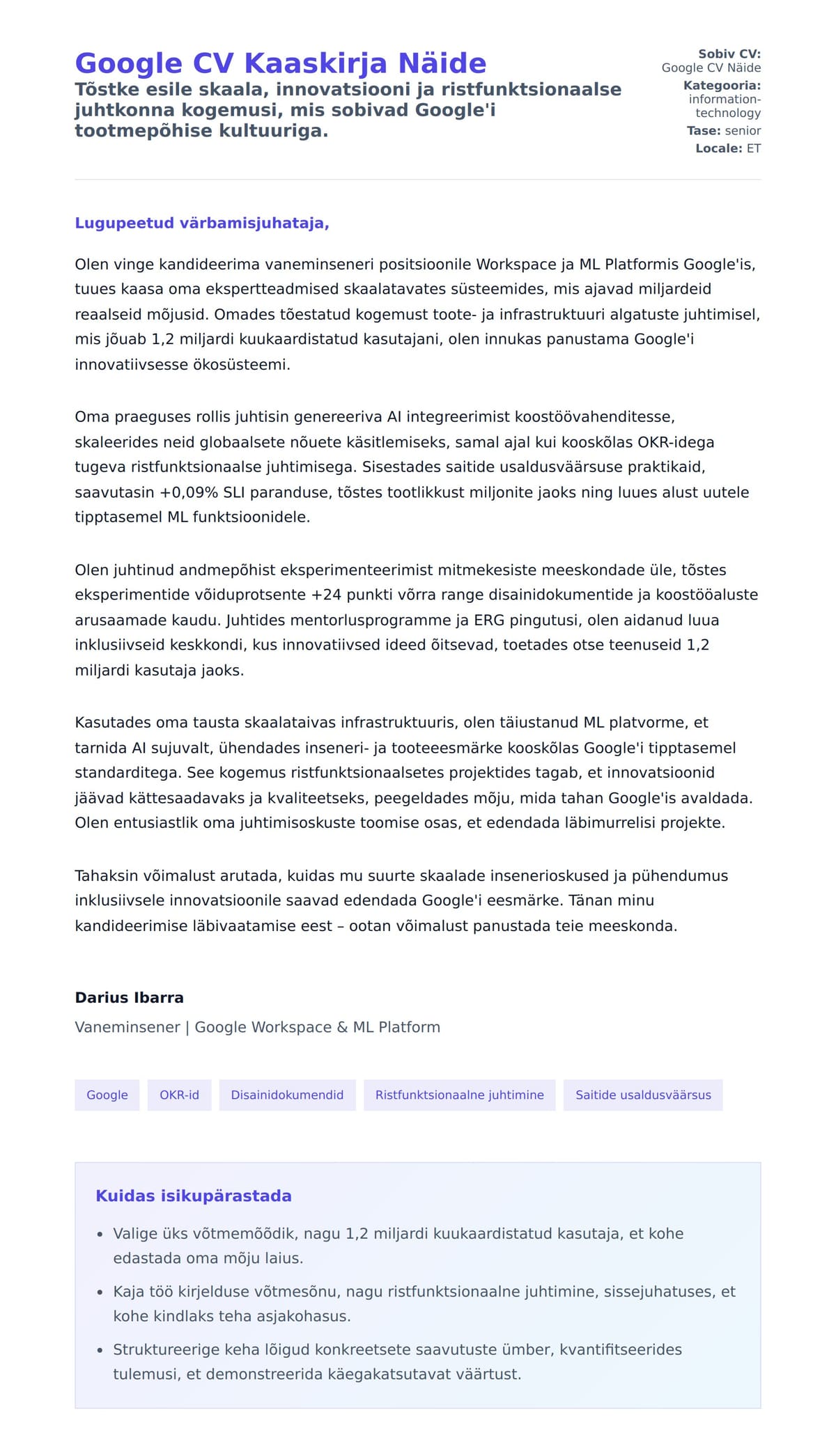 Kaaskirja eelvaade Google CV Kaaskirja Näide jaoks