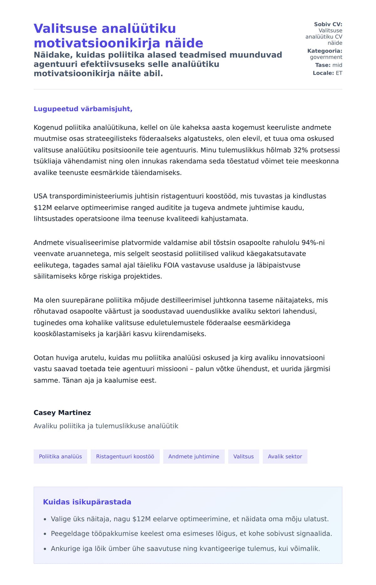 Kaaskirja eelvaade Valitsuse analüütiku motivatsioonikirja näide jaoks