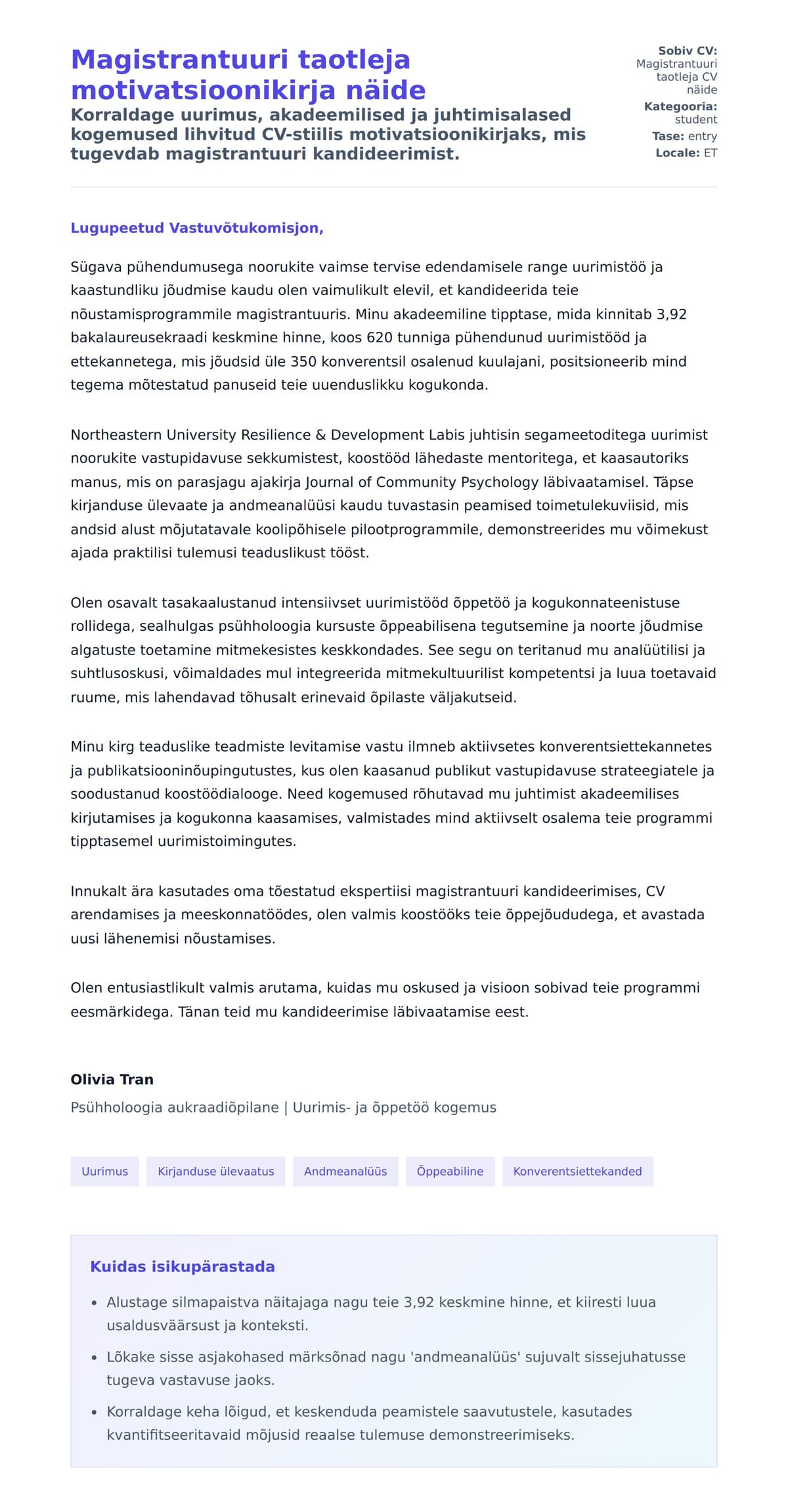 Kaaskirja eelvaade Magistrantuuri taotleja motivatsioonikirja näide jaoks