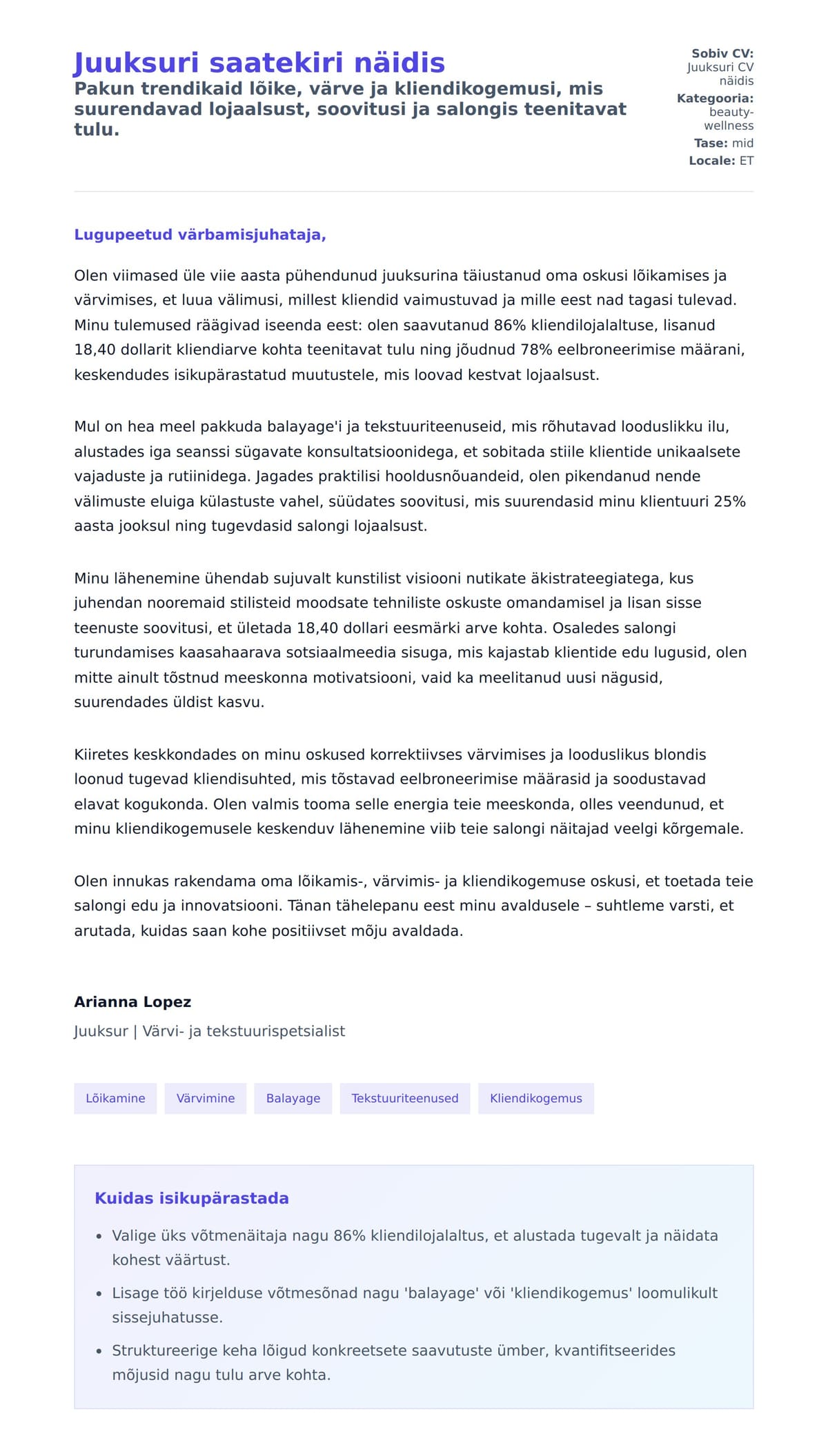 Kaaskirja eelvaade Juuksuri saatekiri näidis jaoks