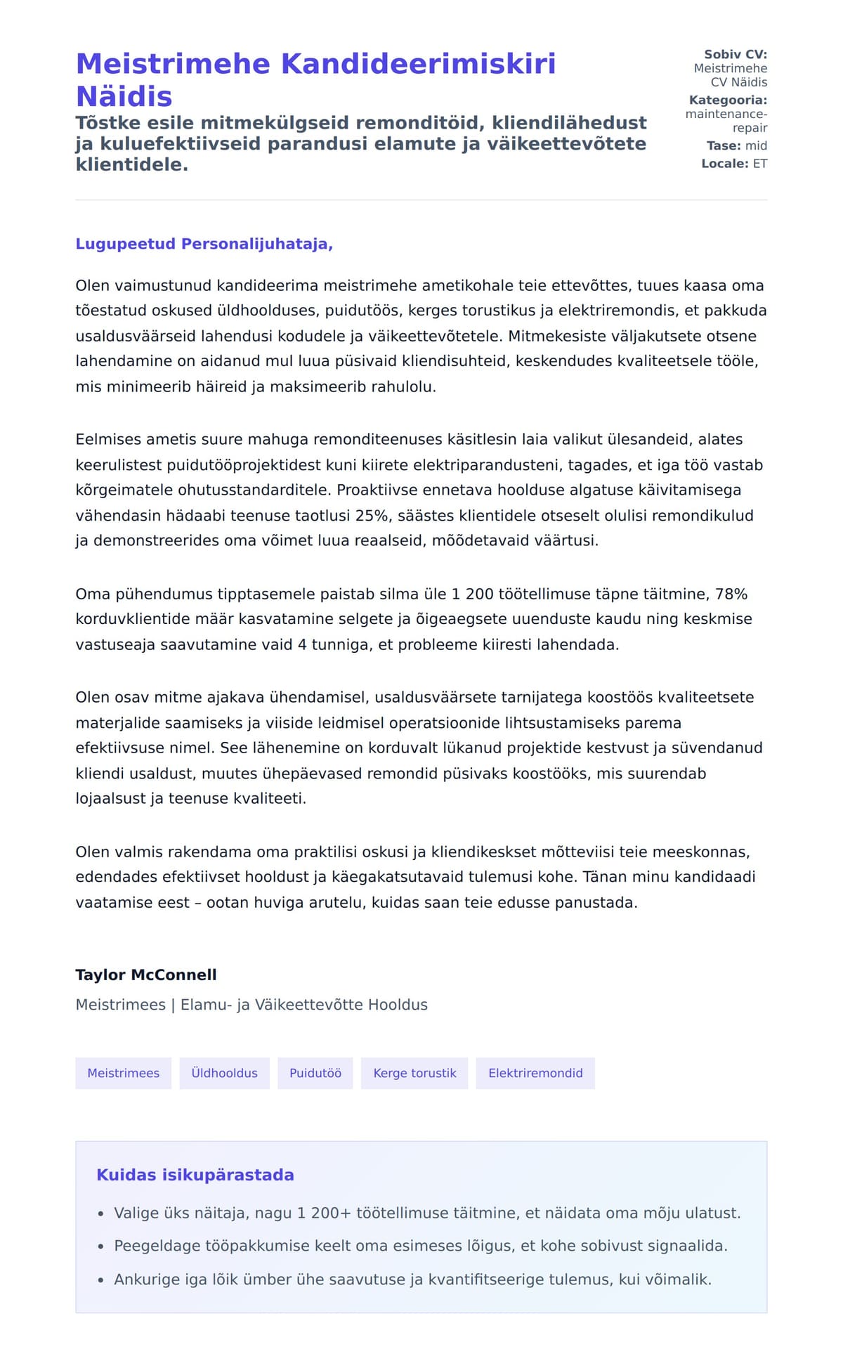 Kaaskirja eelvaade Meistrimehe Kandideerimiskiri Näidis jaoks