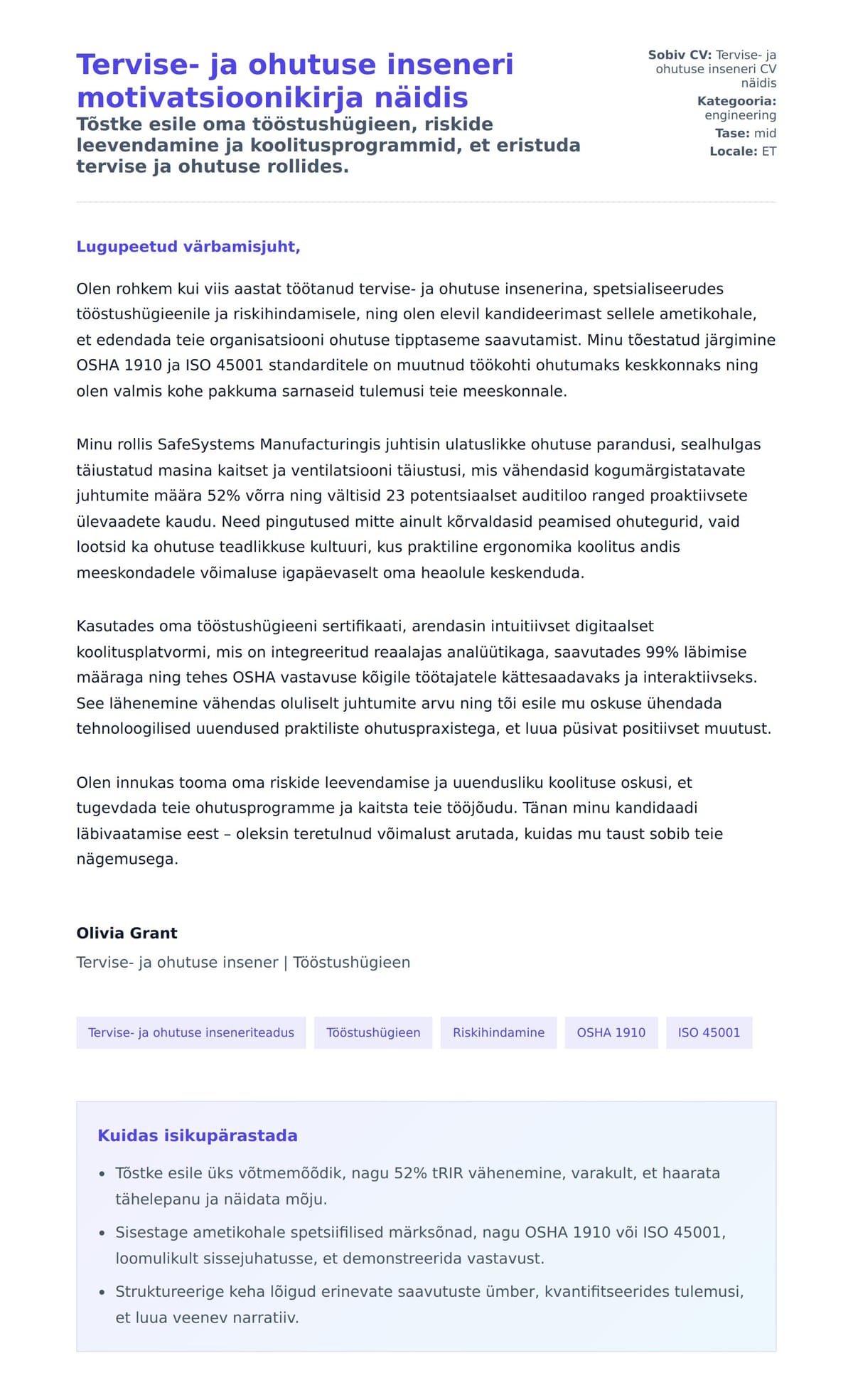 Kaaskirja eelvaade Tervise- ja ohutuse inseneri motivatsioonikirja näidis jaoks