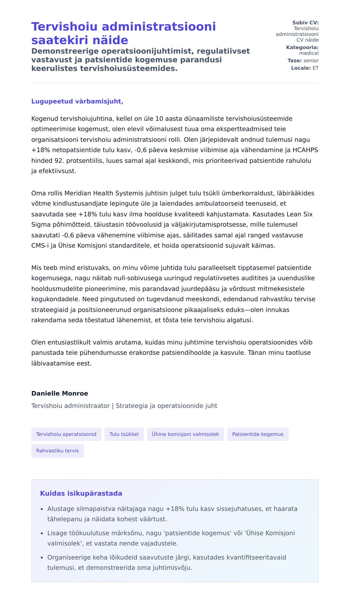 Kaaskirja eelvaade Tervishoiu administratsiooni saatekiri näide jaoks