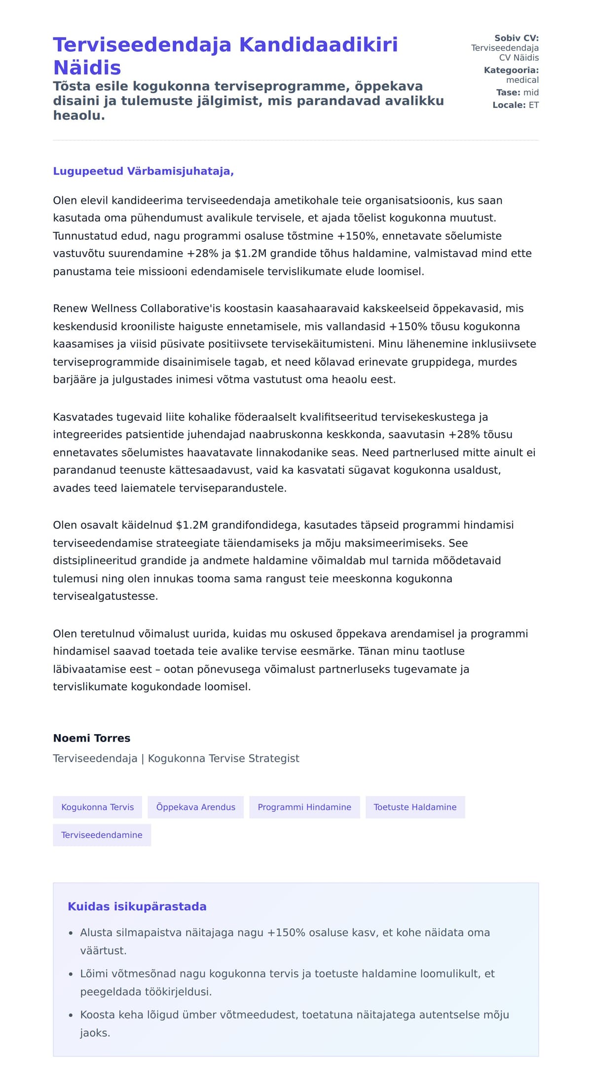 Kaaskirja eelvaade Terviseedendaja Kandidaadikiri Näidis jaoks