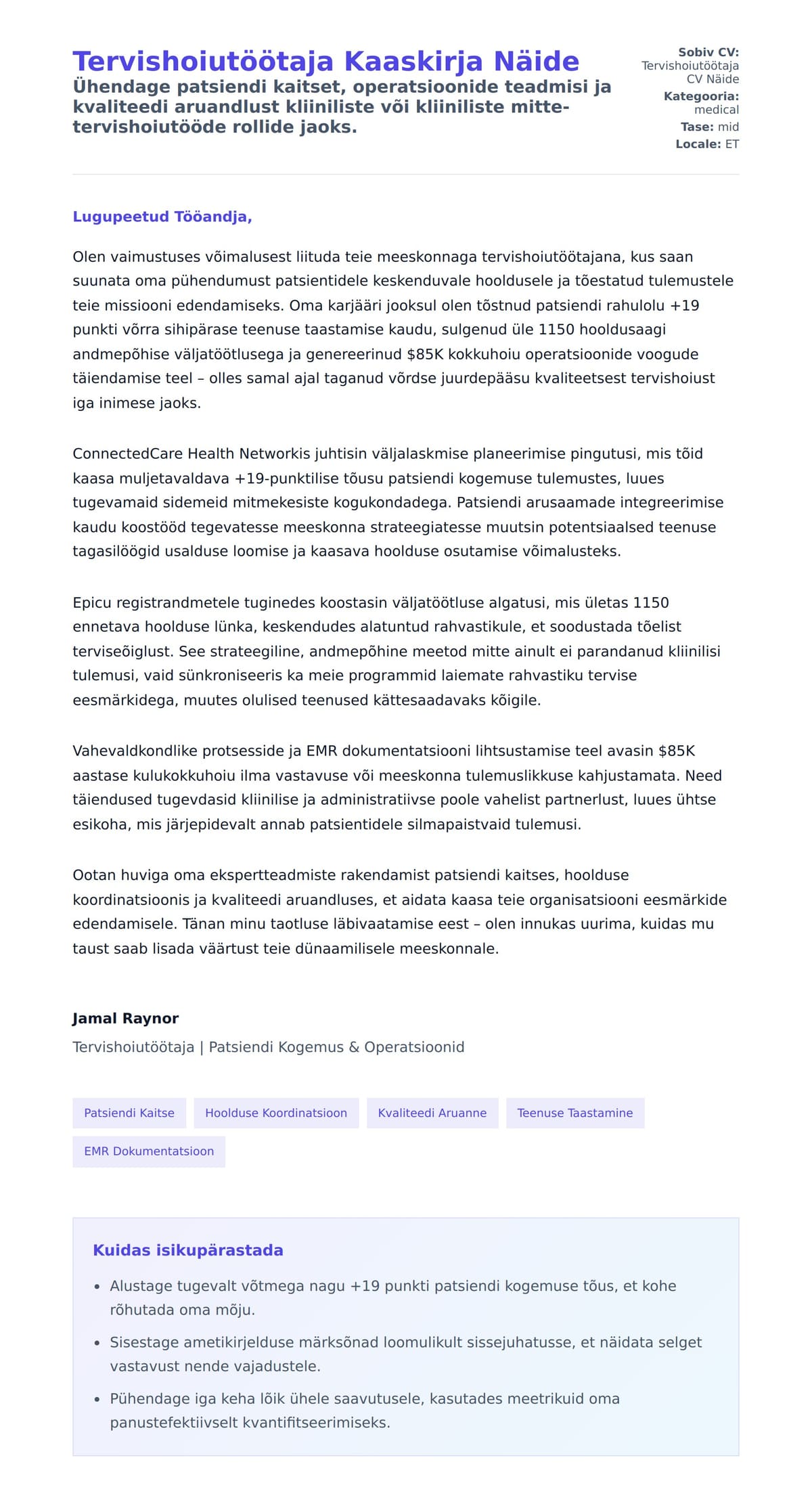 Kaaskirja eelvaade Tervishoiutöötaja Kaaskirja Näide jaoks
