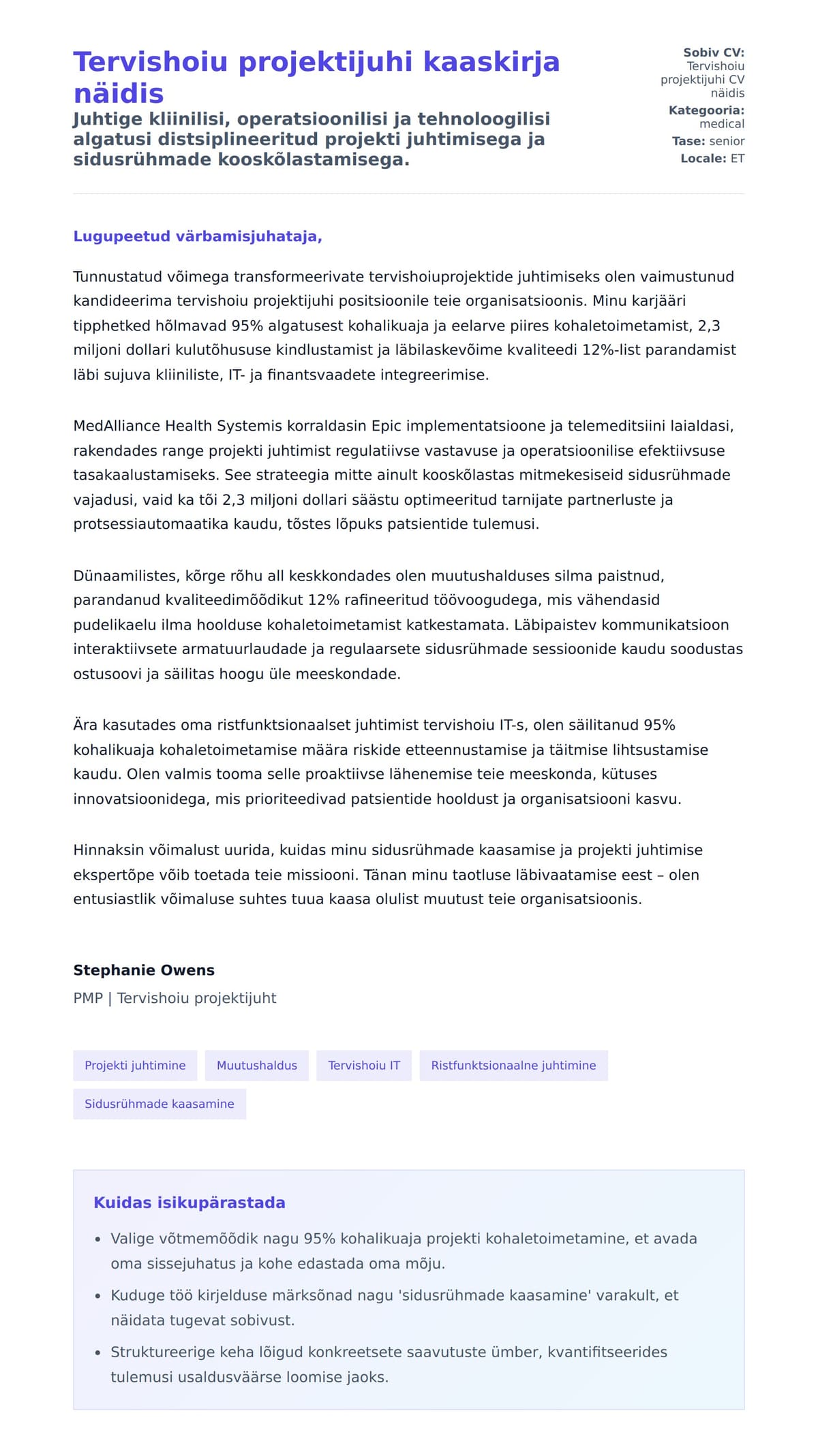 Kaaskirja eelvaade Tervishoiu projektijuhi kaaskirja näidis jaoks