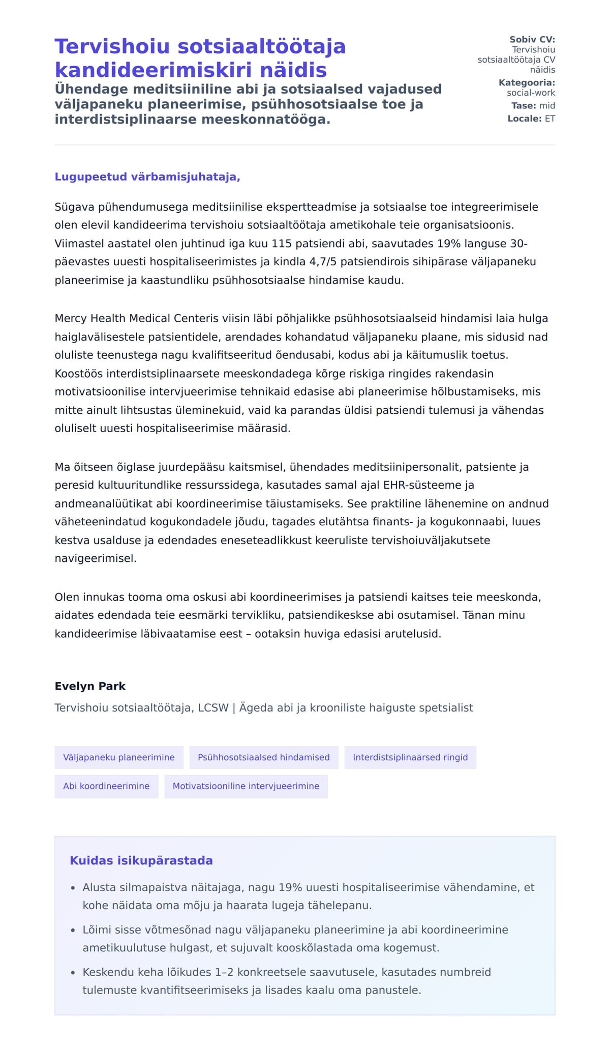Kaaskirja eelvaade Tervishoiu sotsiaaltöötaja kandideerimiskiri näidis jaoks