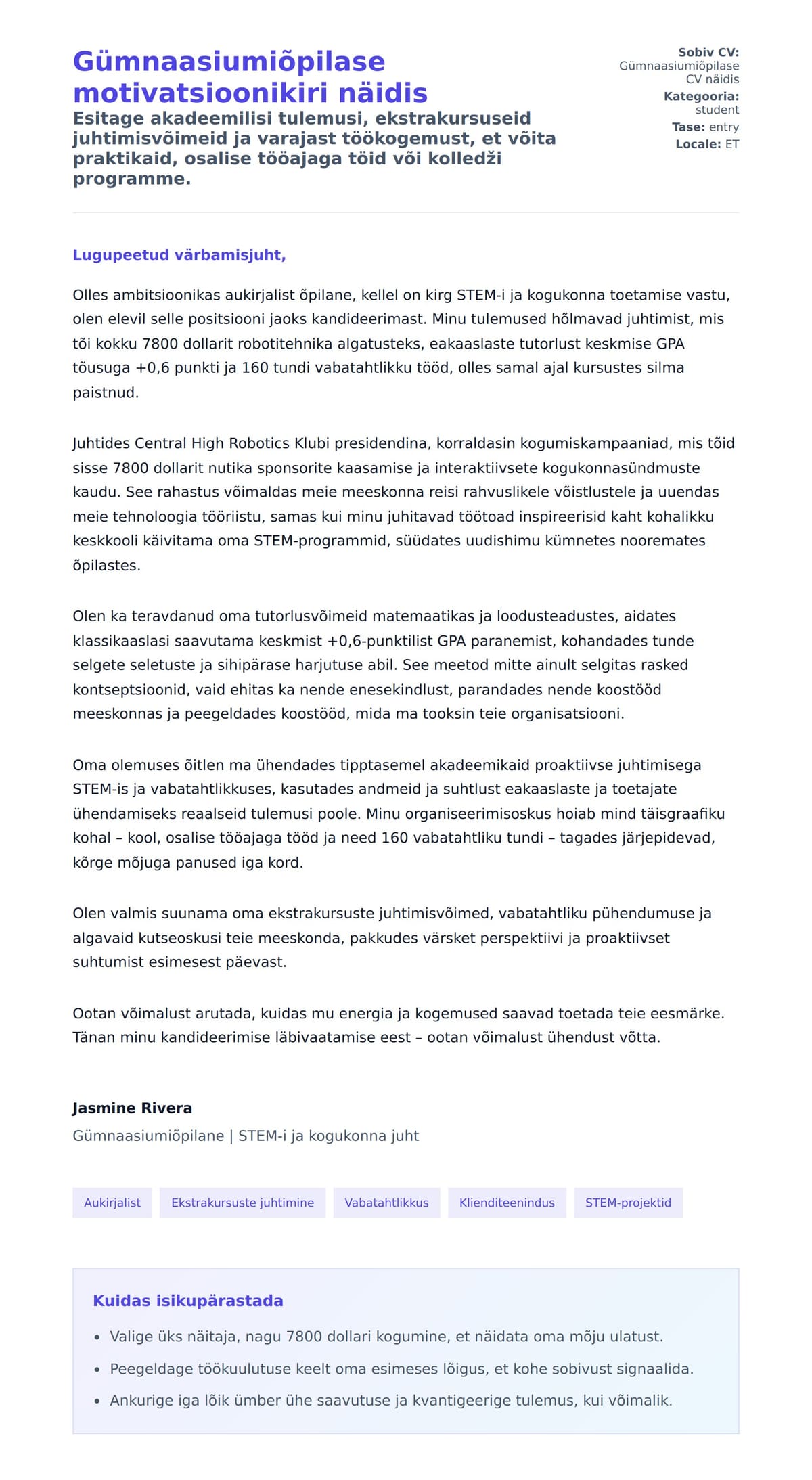 Kaaskirja eelvaade Gümnaasiumiõpilase motivatsioonikiri näidis jaoks