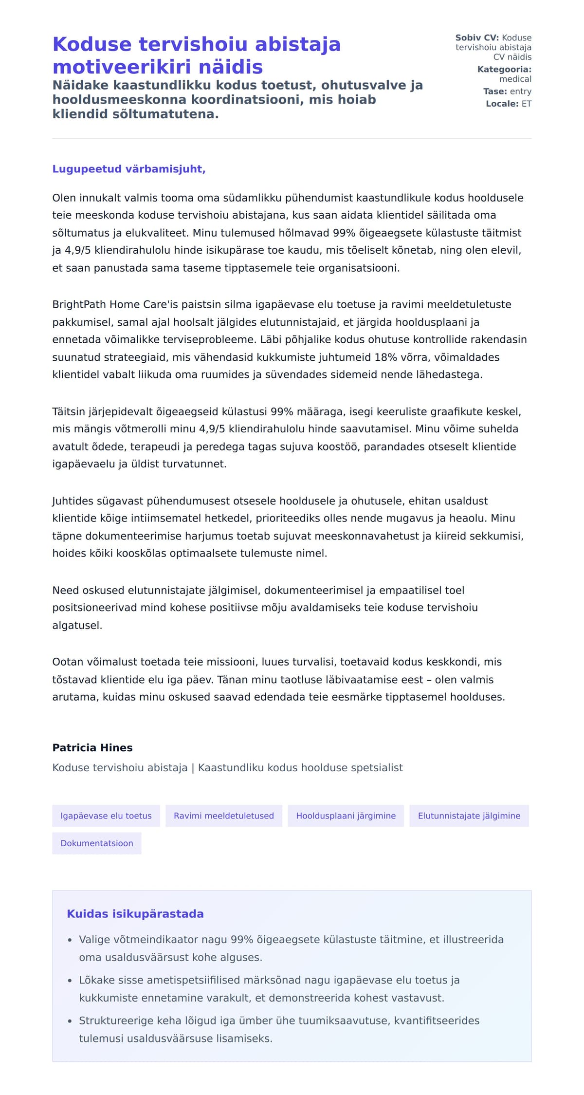 Kaaskirja eelvaade Koduse tervishoiu abistaja motiveerikiri näidis jaoks