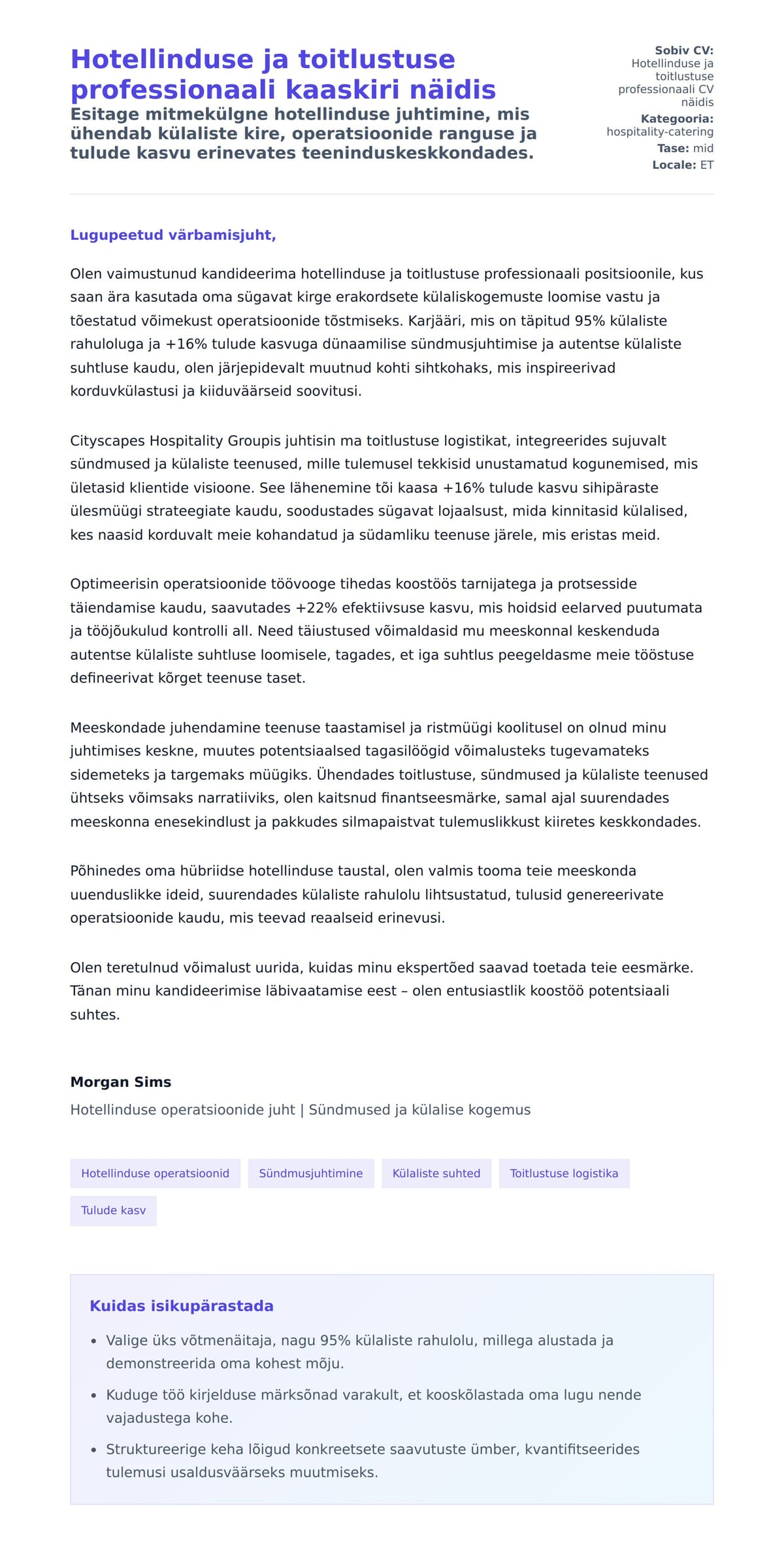 Kaaskirja eelvaade Hotellinduse ja toitlustuse professionaali kaaskiri näidis jaoks
