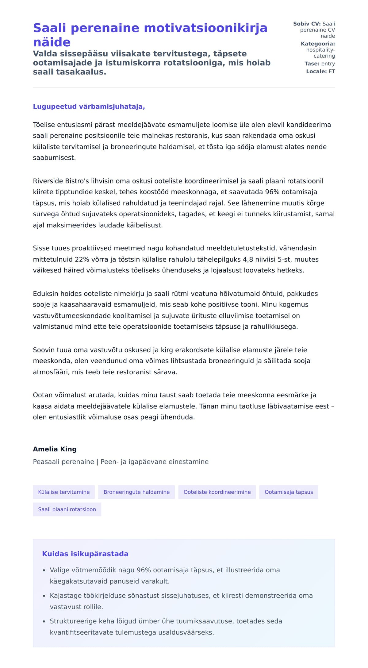 Kaaskirja eelvaade Saali perenaine motivatsioonikirja näide jaoks