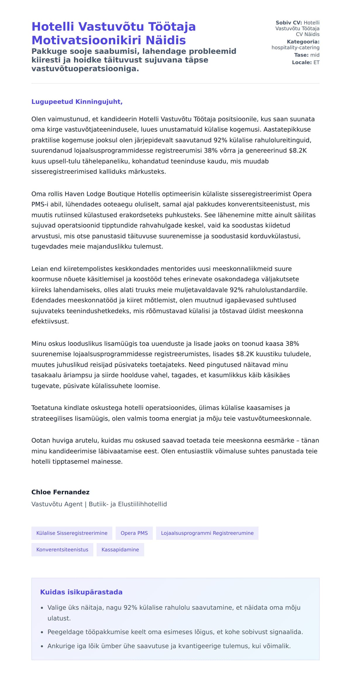 Kaaskirja eelvaade Hotelli Vastuvõtu Töötaja Motivatsioonikiri Näidis jaoks