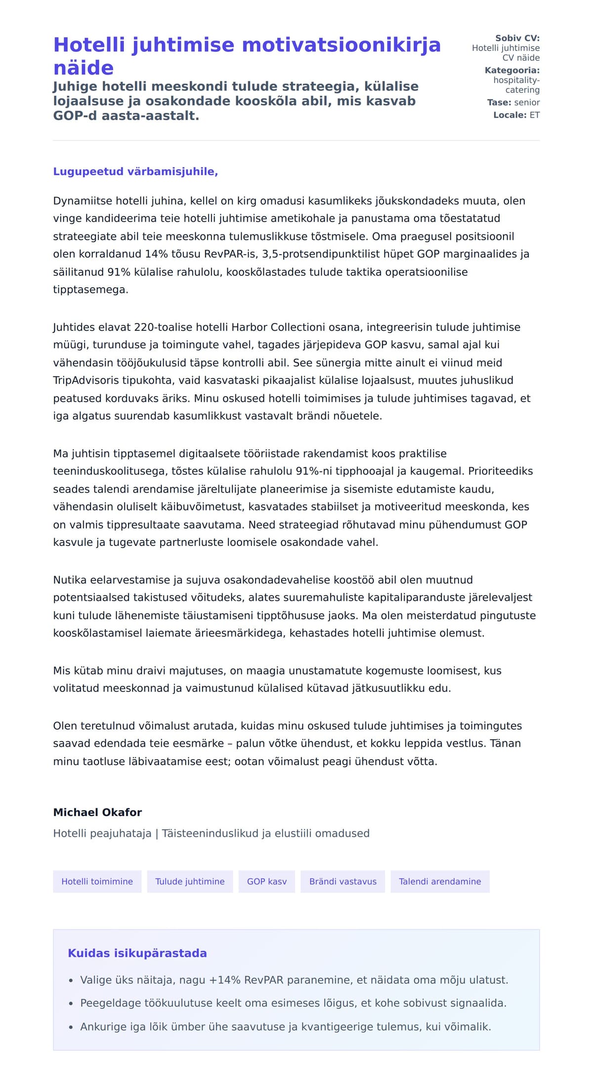 Kaaskirja eelvaade Hotelli juhtimise motivatsioonikirja näide jaoks