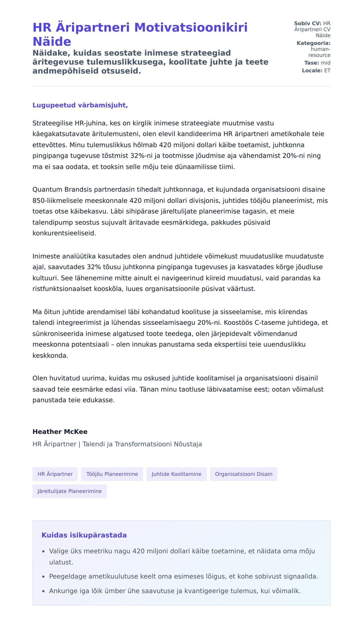 Kaaskirja eelvaade HR Äripartneri Motivatsioonikiri Näide jaoks