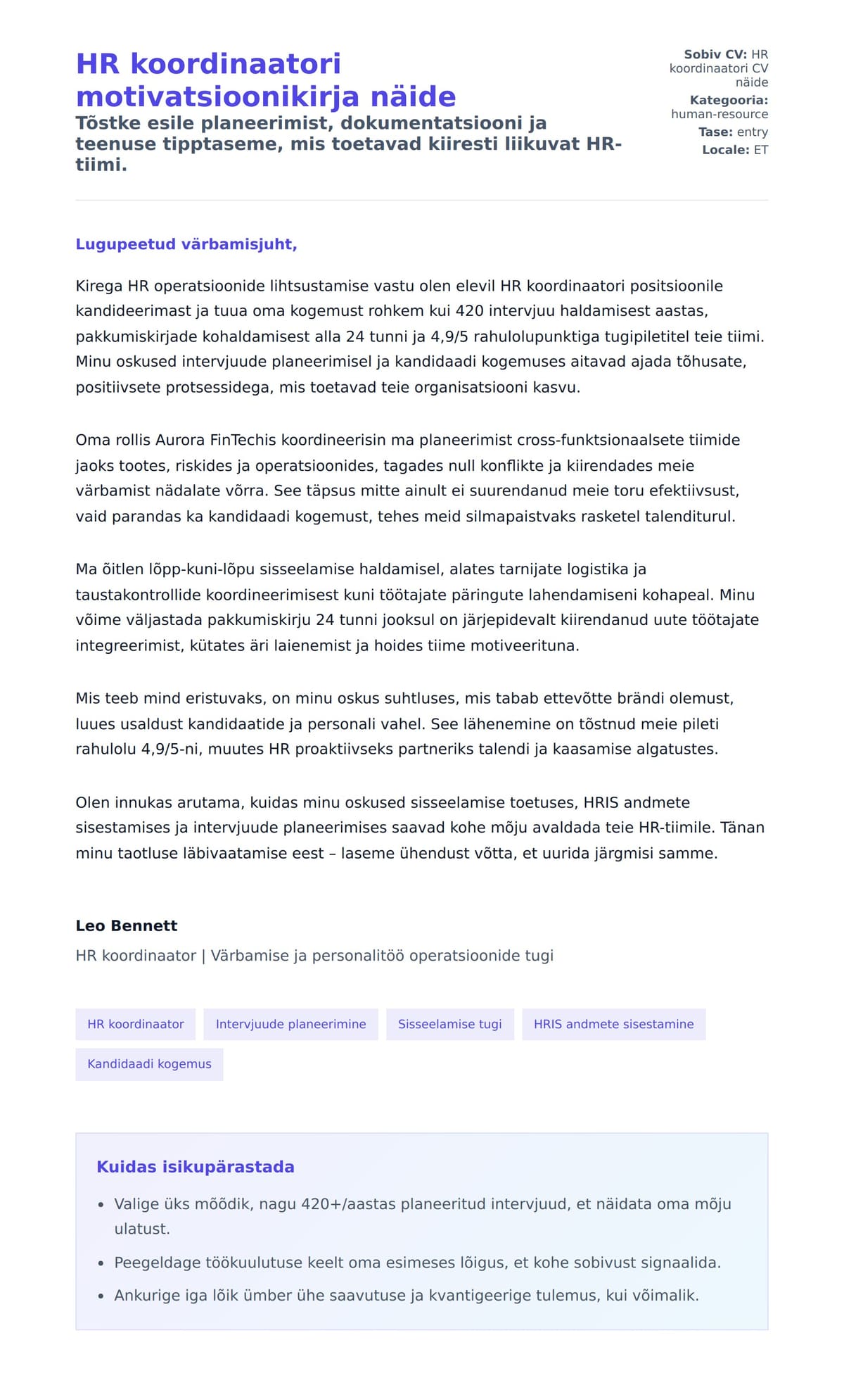 Kaaskirja eelvaade HR koordinaatori motivatsioonikirja näide jaoks