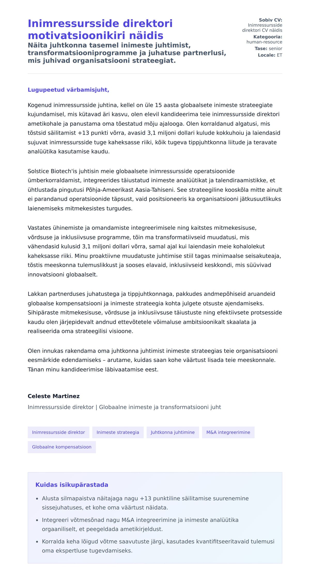 Kaaskirja eelvaade Inimressursside direktori motivatsioonikiri näidis jaoks