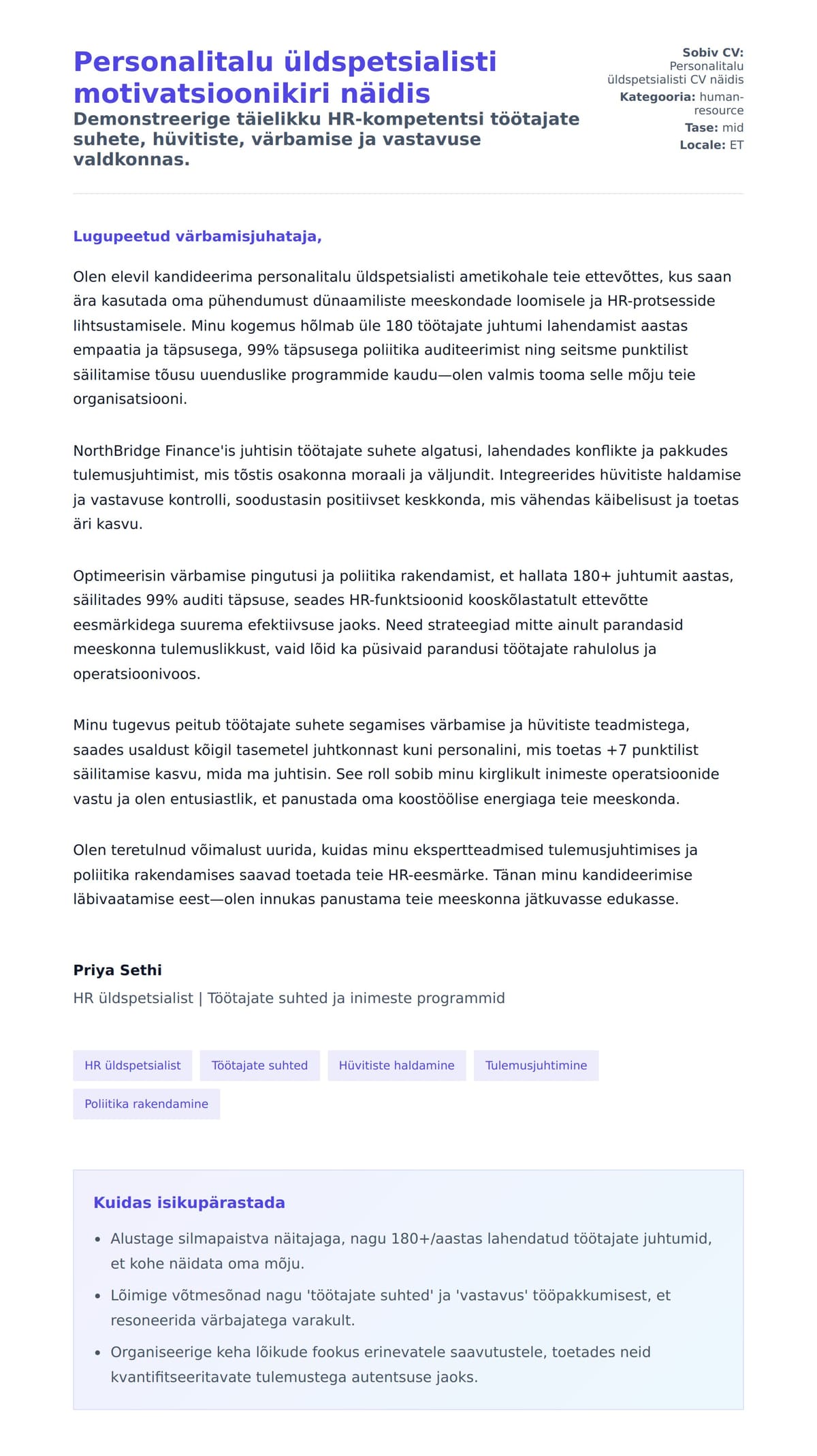 Kaaskirja eelvaade Personalitalu üldspetsialisti motivatsioonikiri näidis jaoks