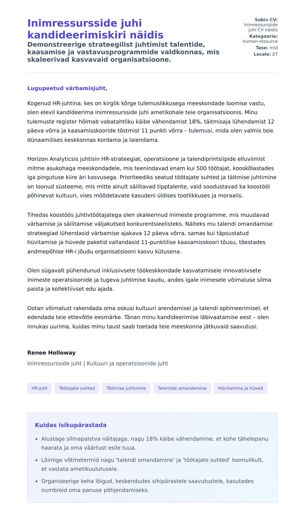 Kaaskirja eelvaade Inimressursside juhi kandideerimiskiri näidis jaoks