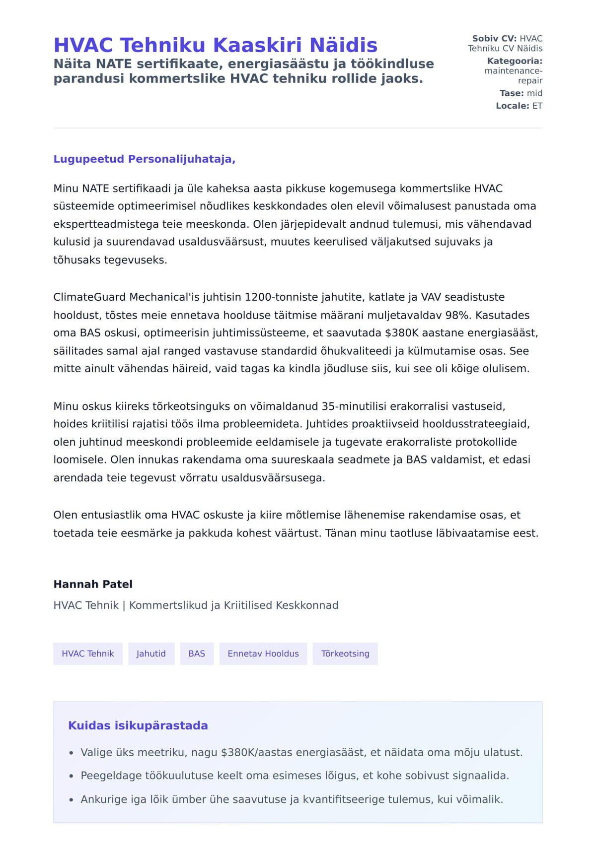 Kaaskirja eelvaade HVAC Tehniku Kaaskiri Näidis jaoks