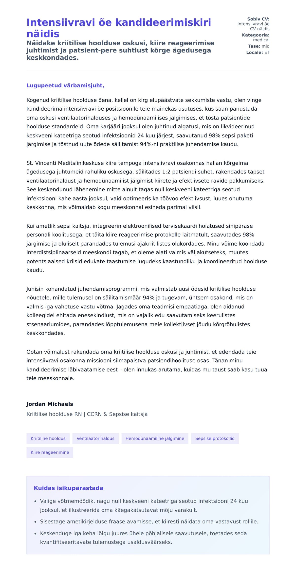 Kaaskirja eelvaade Intensiivravi õe kandideerimiskiri näidis jaoks