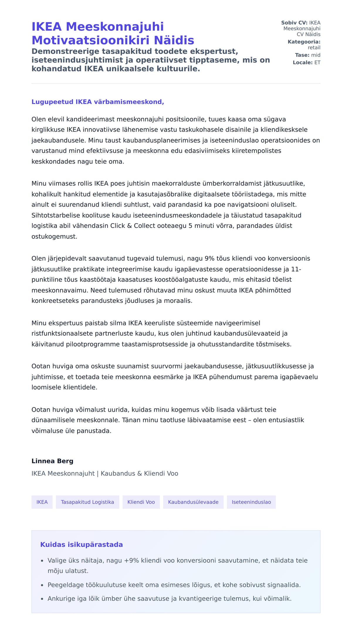 Kaaskirja eelvaade IKEA Meeskonnajuhi Motivaatsioonikiri Näidis jaoks