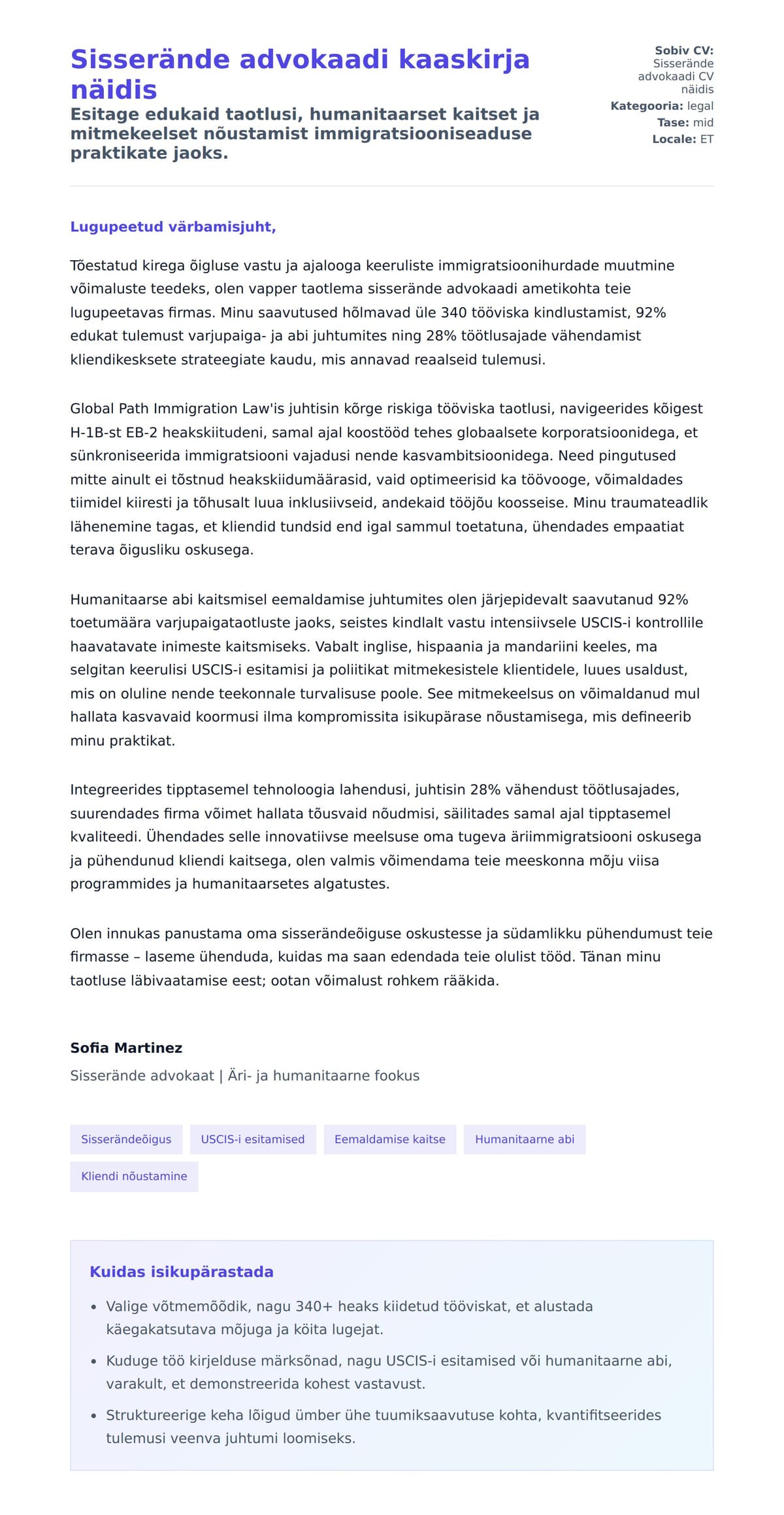 Kaaskirja eelvaade Sisserände advokaadi kaaskirja näidis jaoks