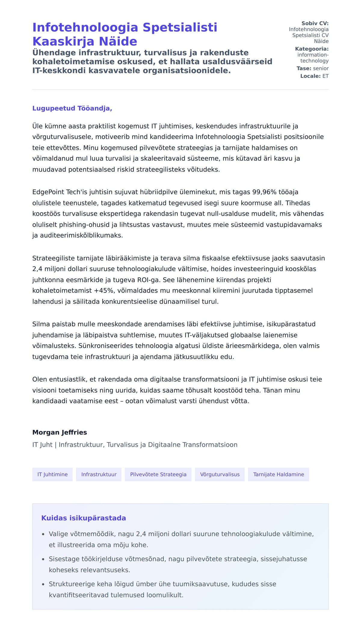 Kaaskirja eelvaade Infotehnoloogia Spetsialisti Kaaskirja Näide jaoks