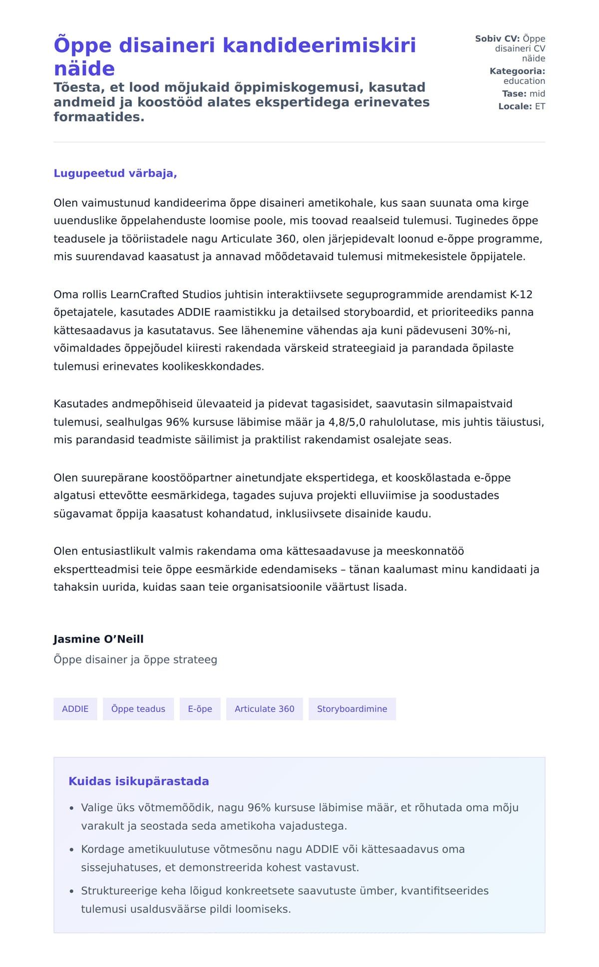 Kaaskirja eelvaade Õppe disaineri kandideerimiskiri näide jaoks