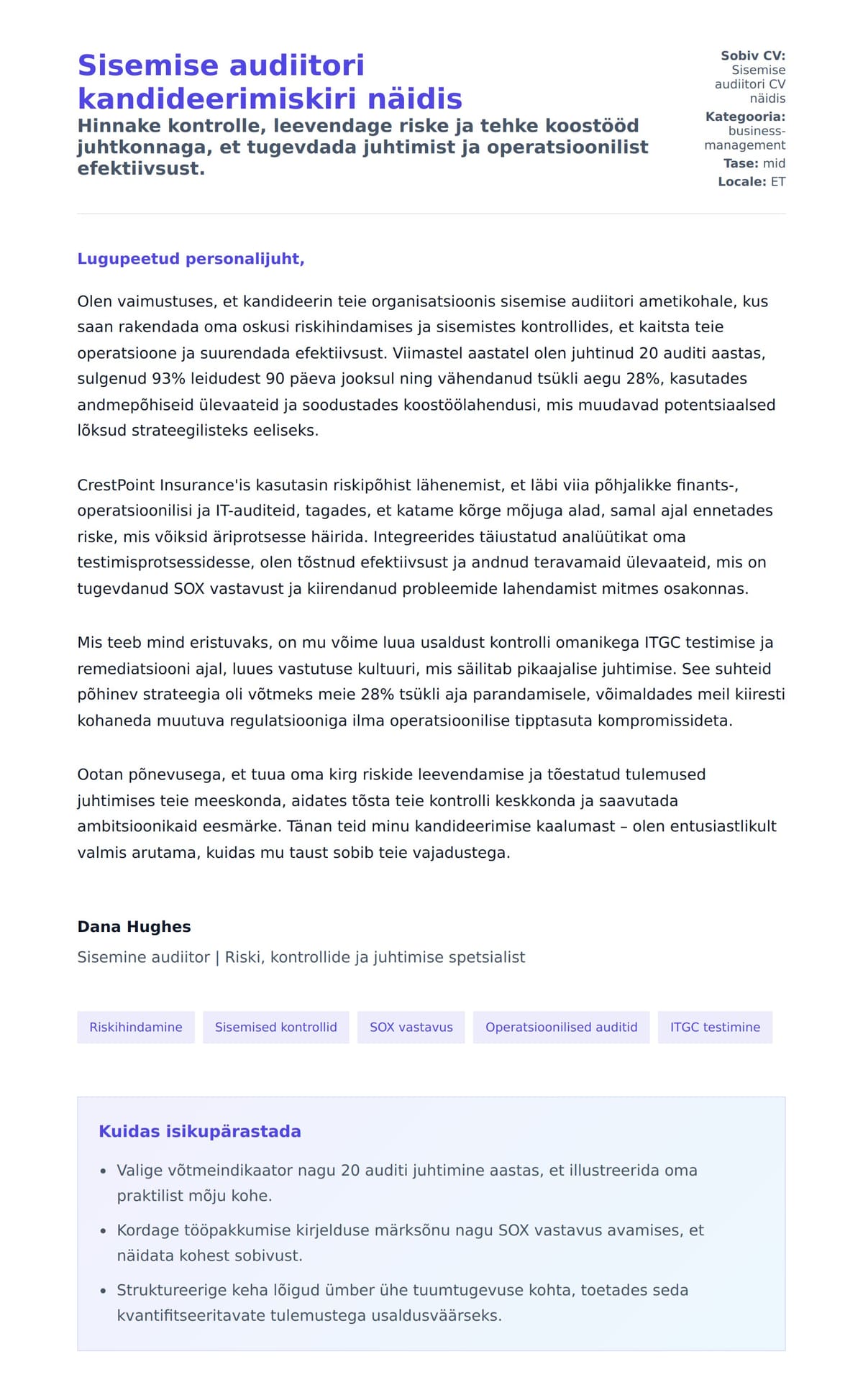 Kaaskirja eelvaade Sisemise audiitori kandideerimiskiri näidis jaoks