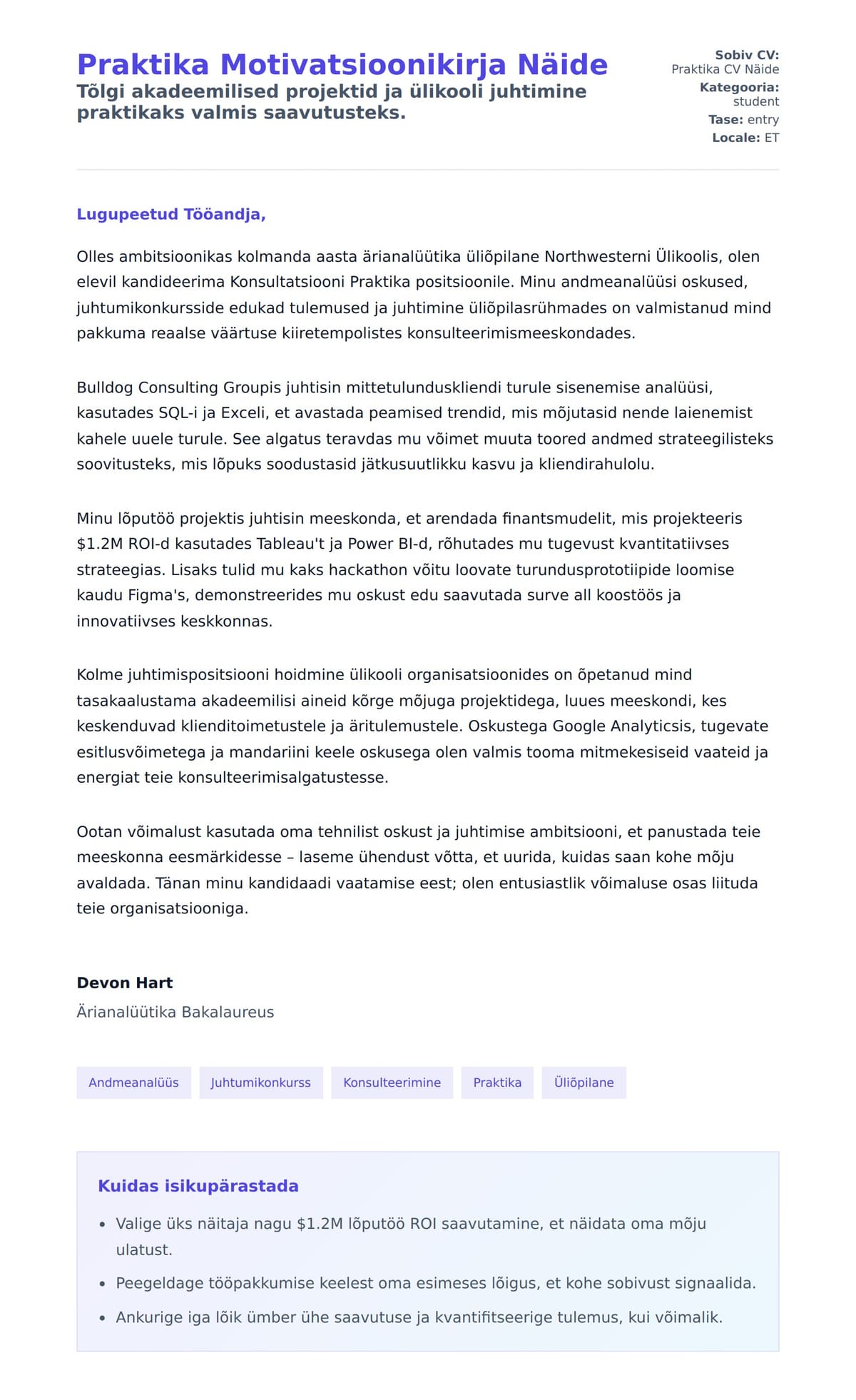 Kaaskirja eelvaade Praktika Motivatsioonikirja Näide jaoks