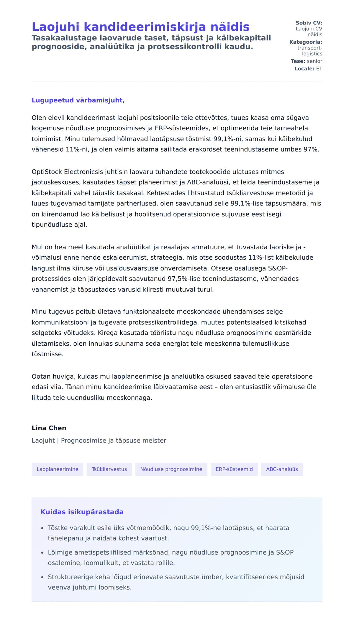 Kaaskirja eelvaade Laojuhi kandideerimiskirja näidis jaoks