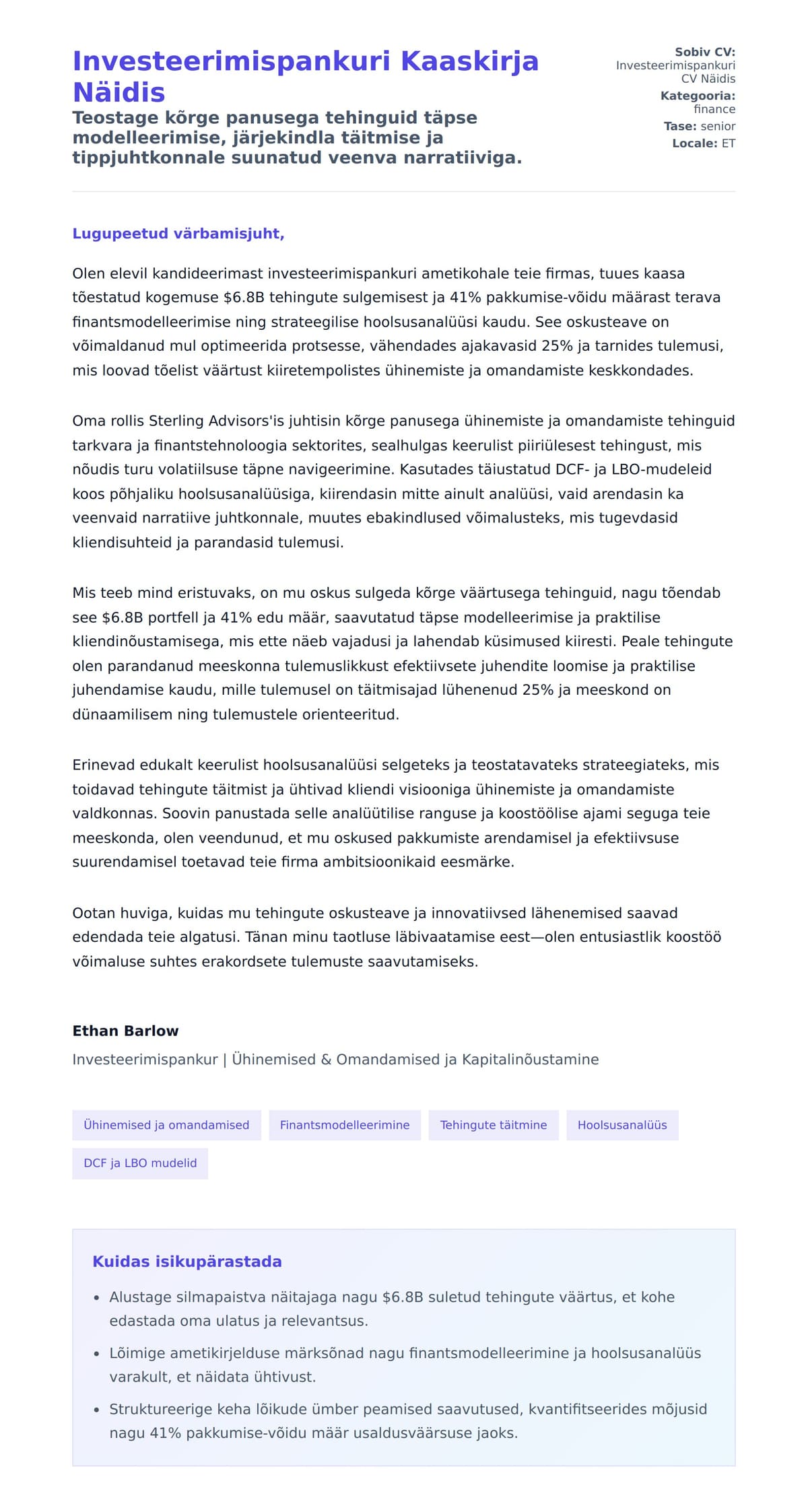 Kaaskirja eelvaade Investeerimispankuri Kaaskirja Näidis jaoks