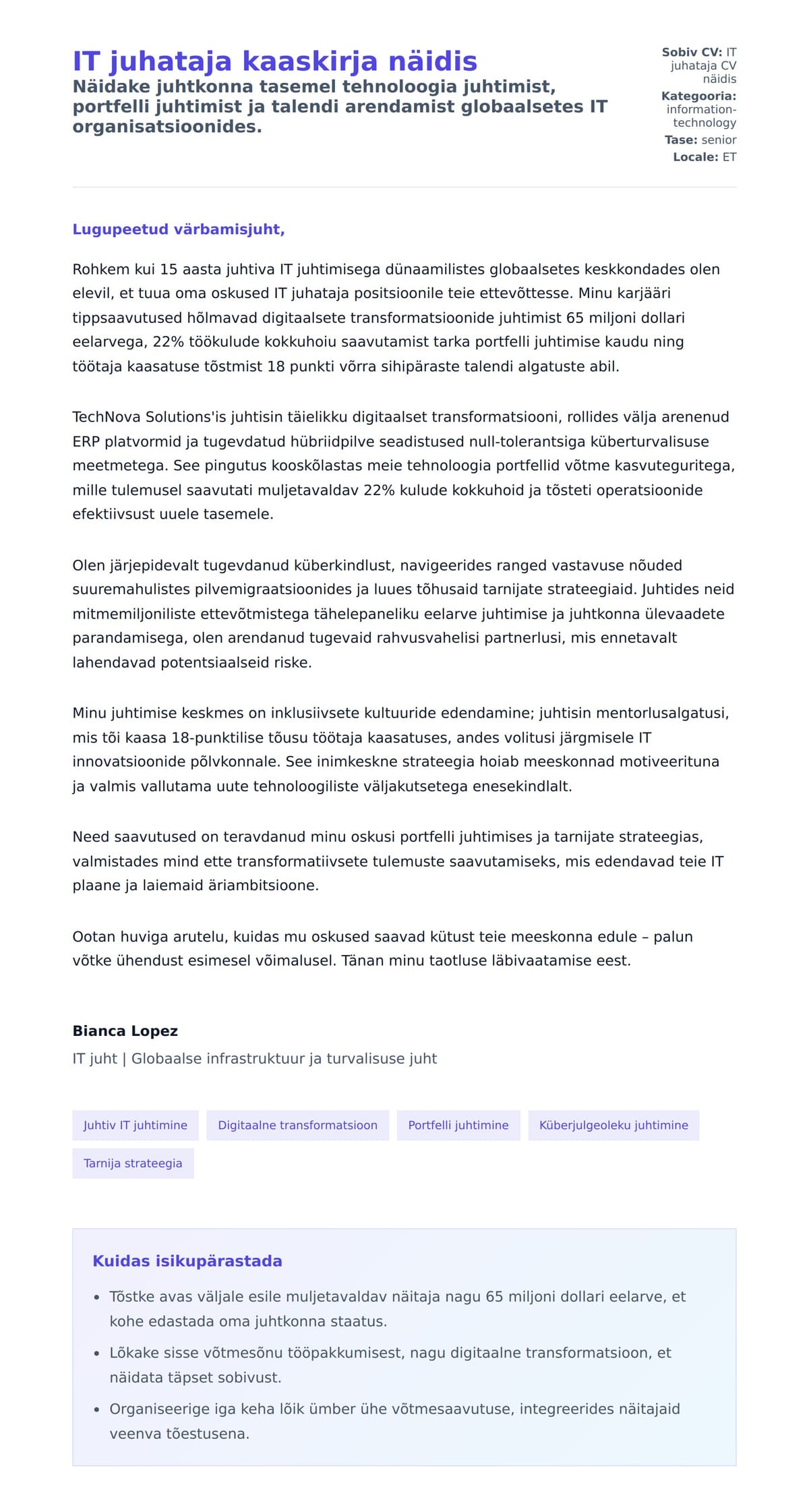 Kaaskirja eelvaade IT juhataja kaaskirja näidis jaoks