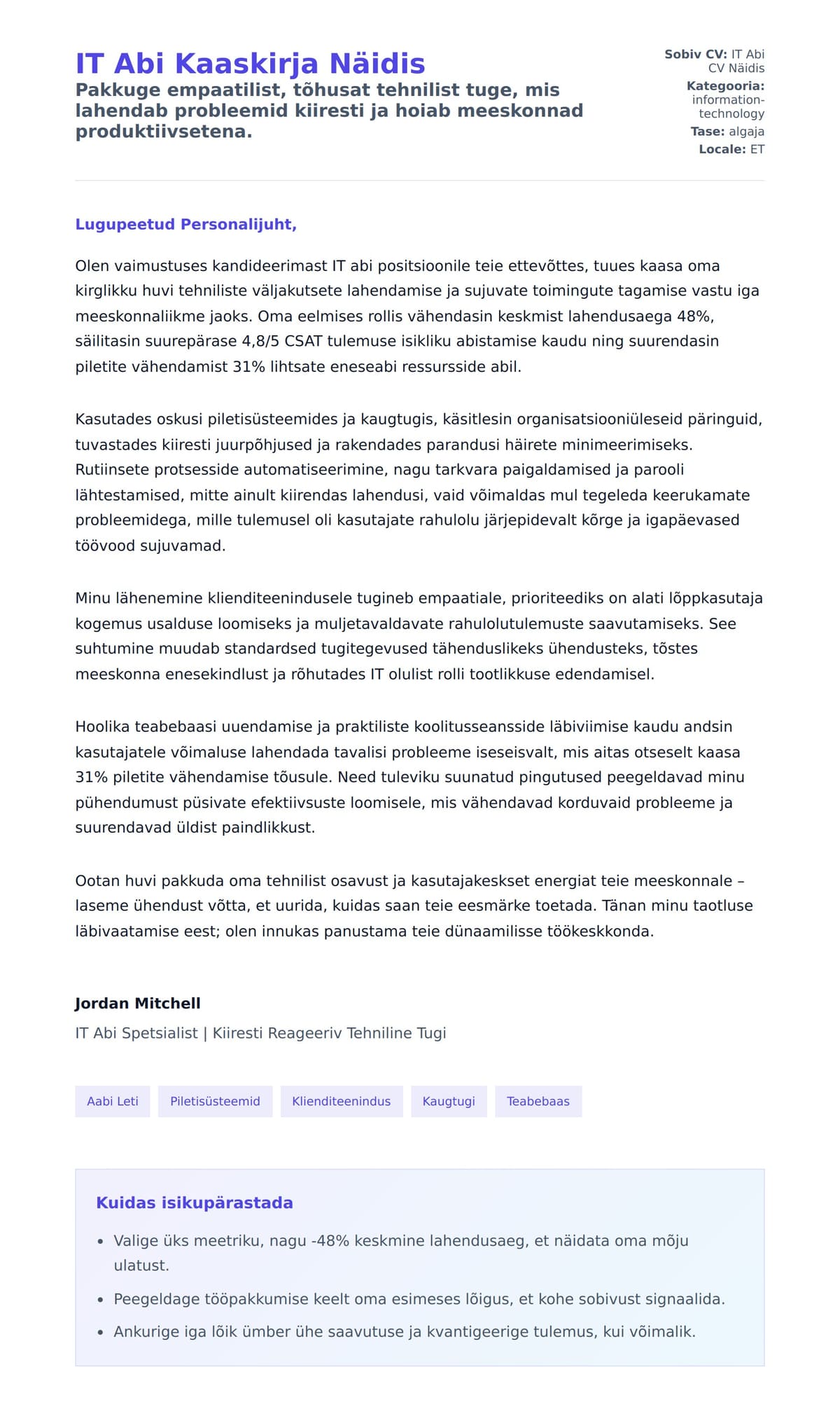 Kaaskirja eelvaade IT Abi Kaaskirja Näidis jaoks