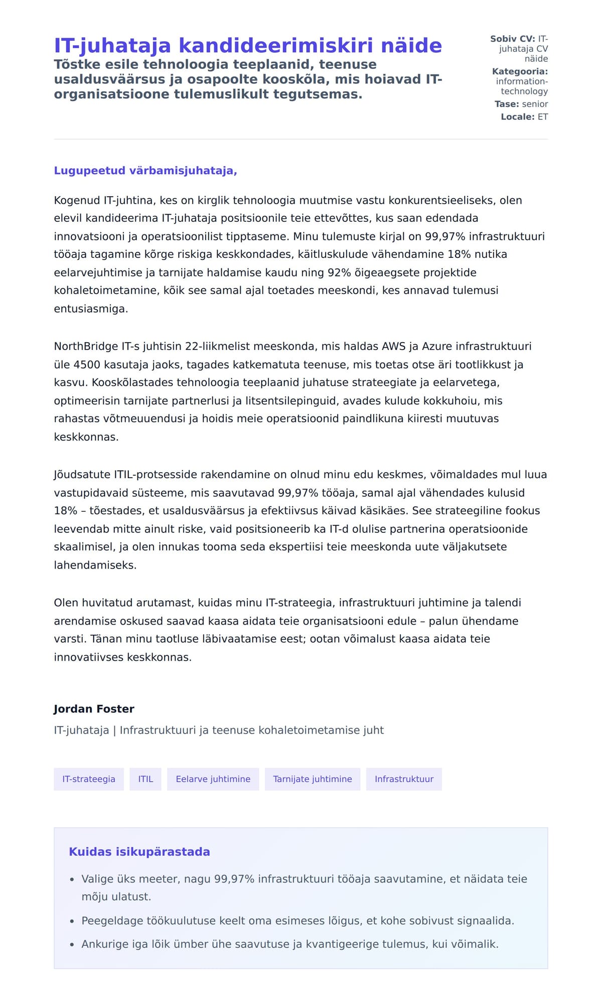 Kaaskirja eelvaade IT-juhataja kandideerimiskiri näide jaoks
