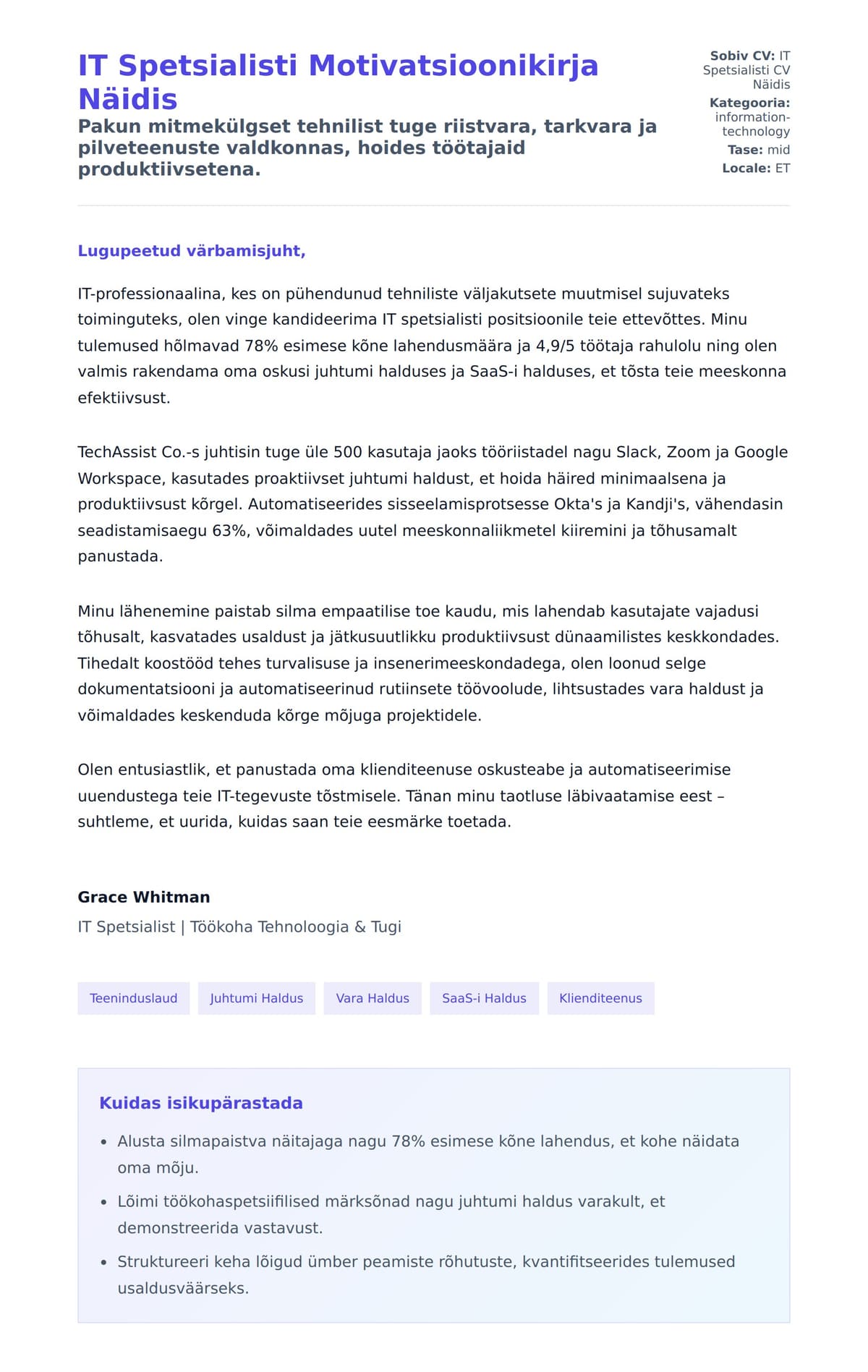 Kaaskirja eelvaade IT Spetsialisti Motivatsioonikirja Näidis jaoks