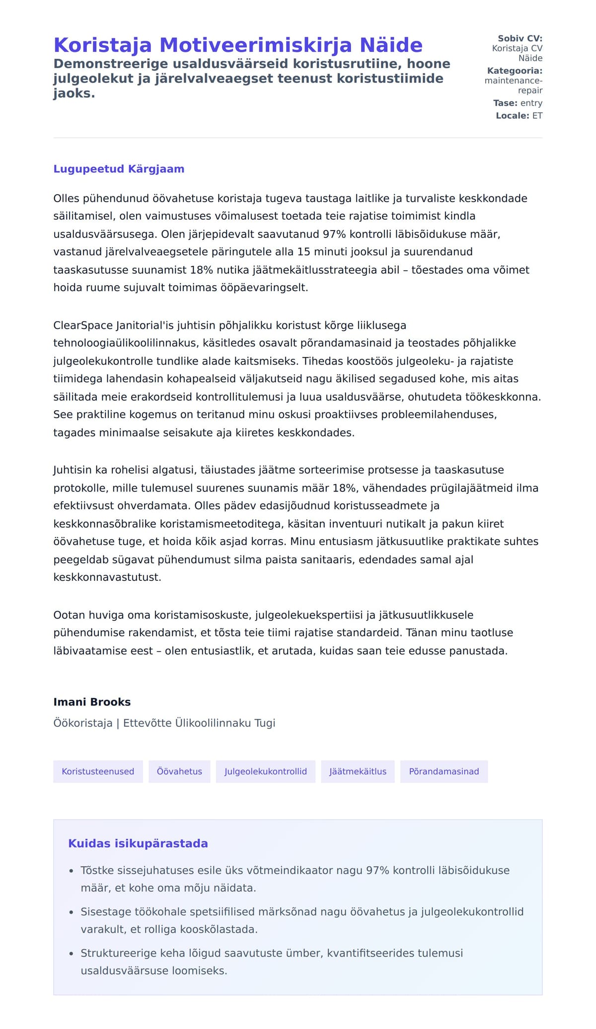 Kaaskirja eelvaade Koristaja Motiveerimiskirja Näide jaoks