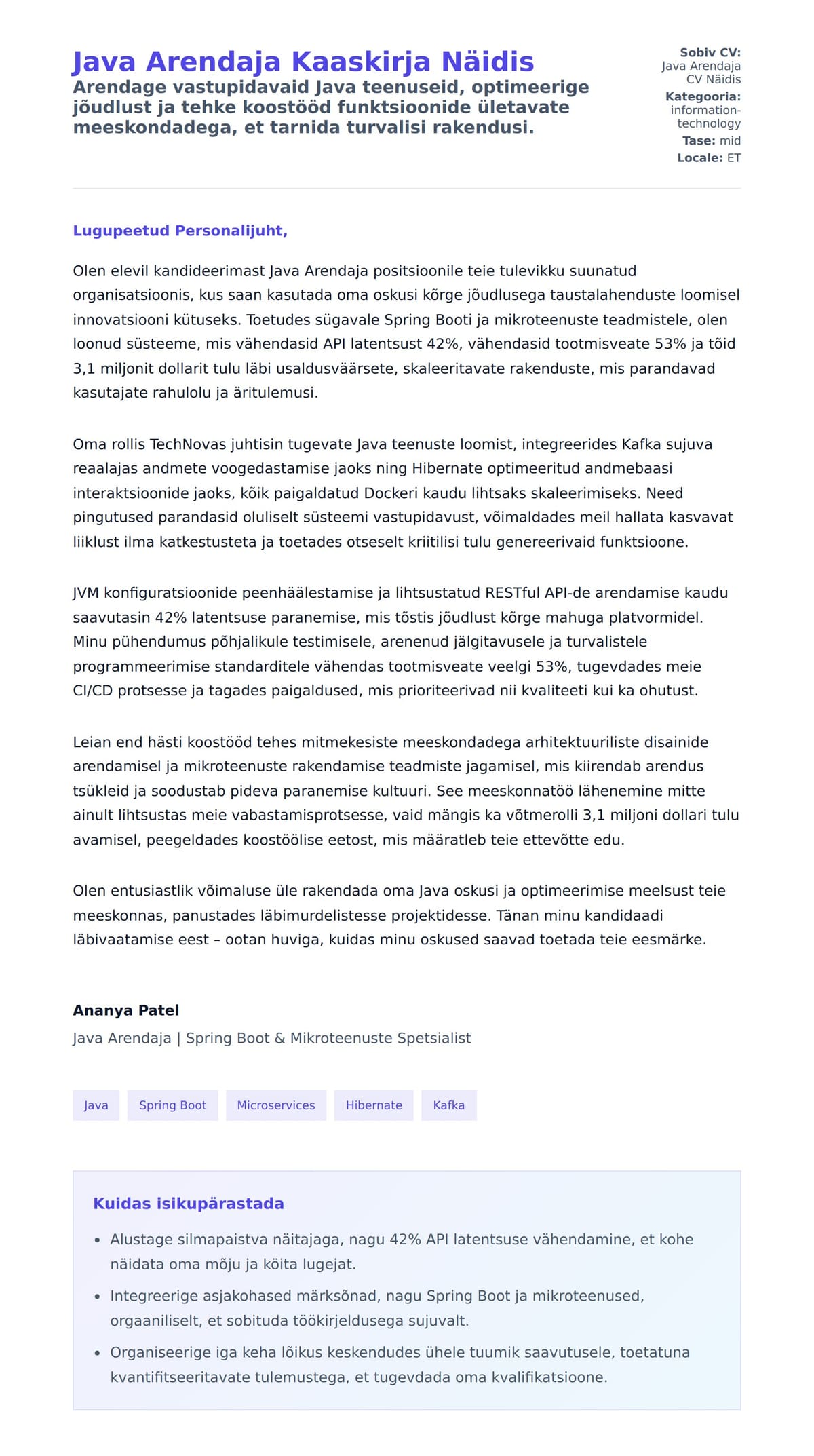 Kaaskirja eelvaade Java Arendaja Kaaskirja Näidis jaoks