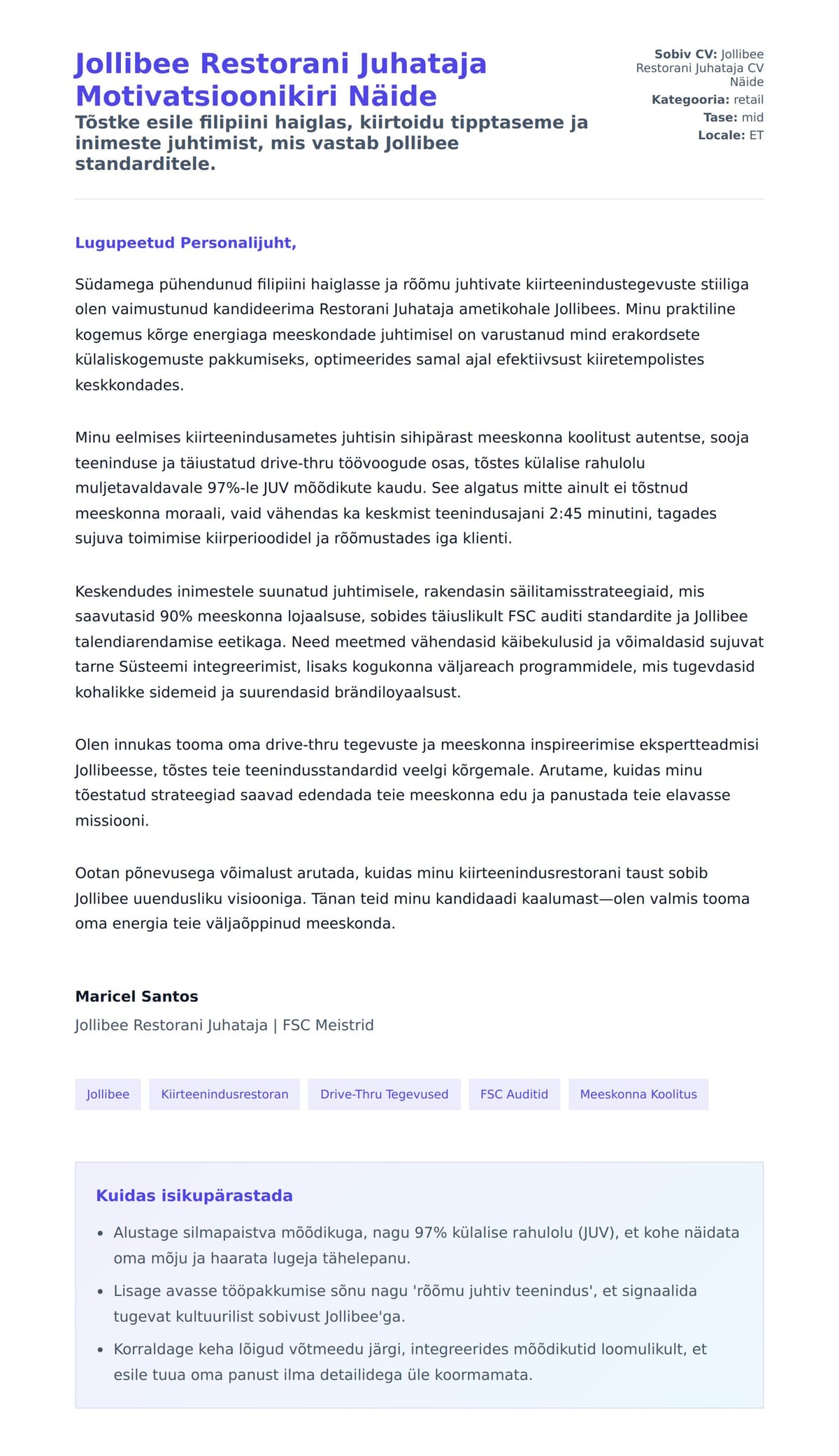 Kaaskirja eelvaade Jollibee Restorani Juhataja Motivatsioonikiri Näide jaoks