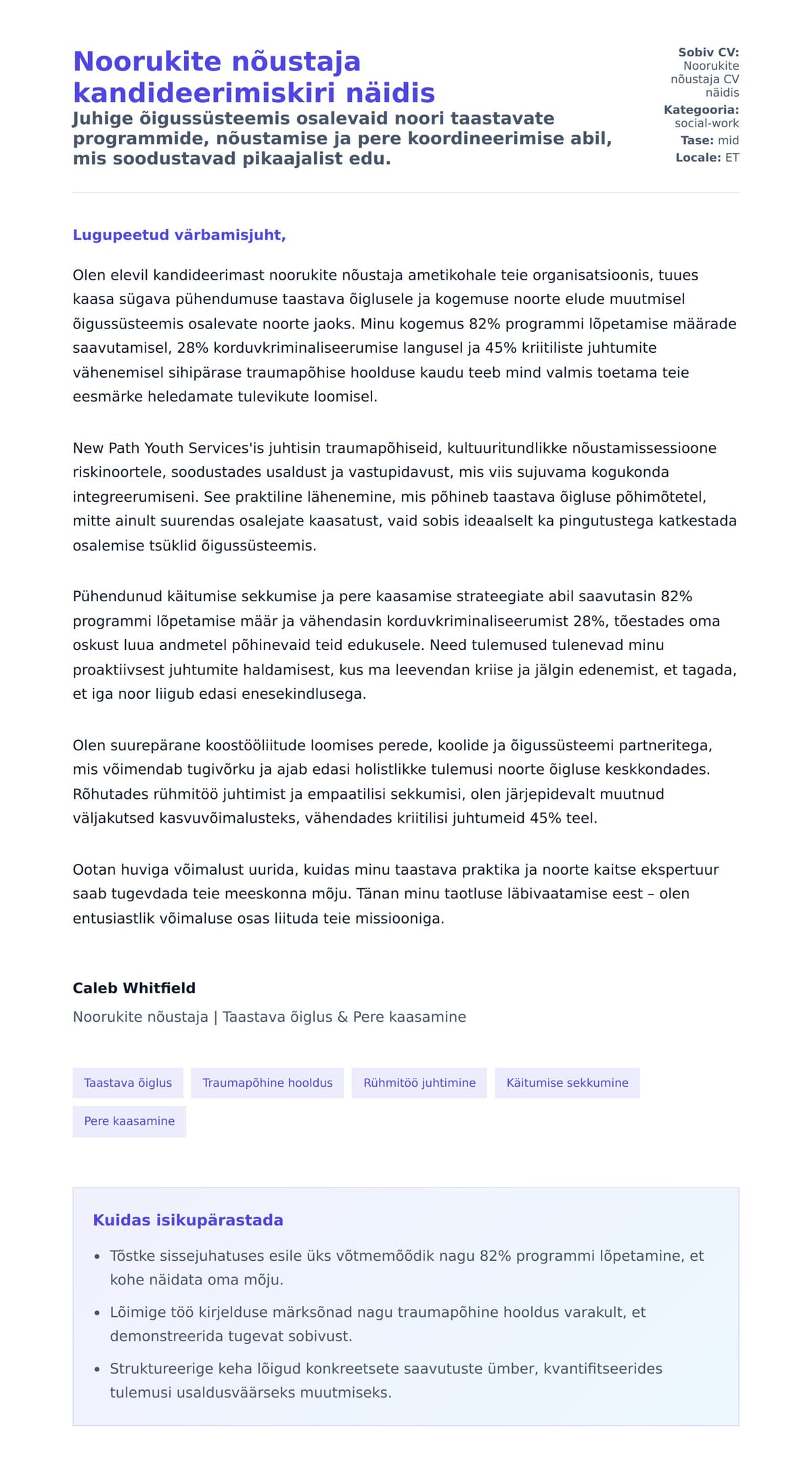 Kaaskirja eelvaade Noorukite nõustaja kandideerimiskiri näidis jaoks