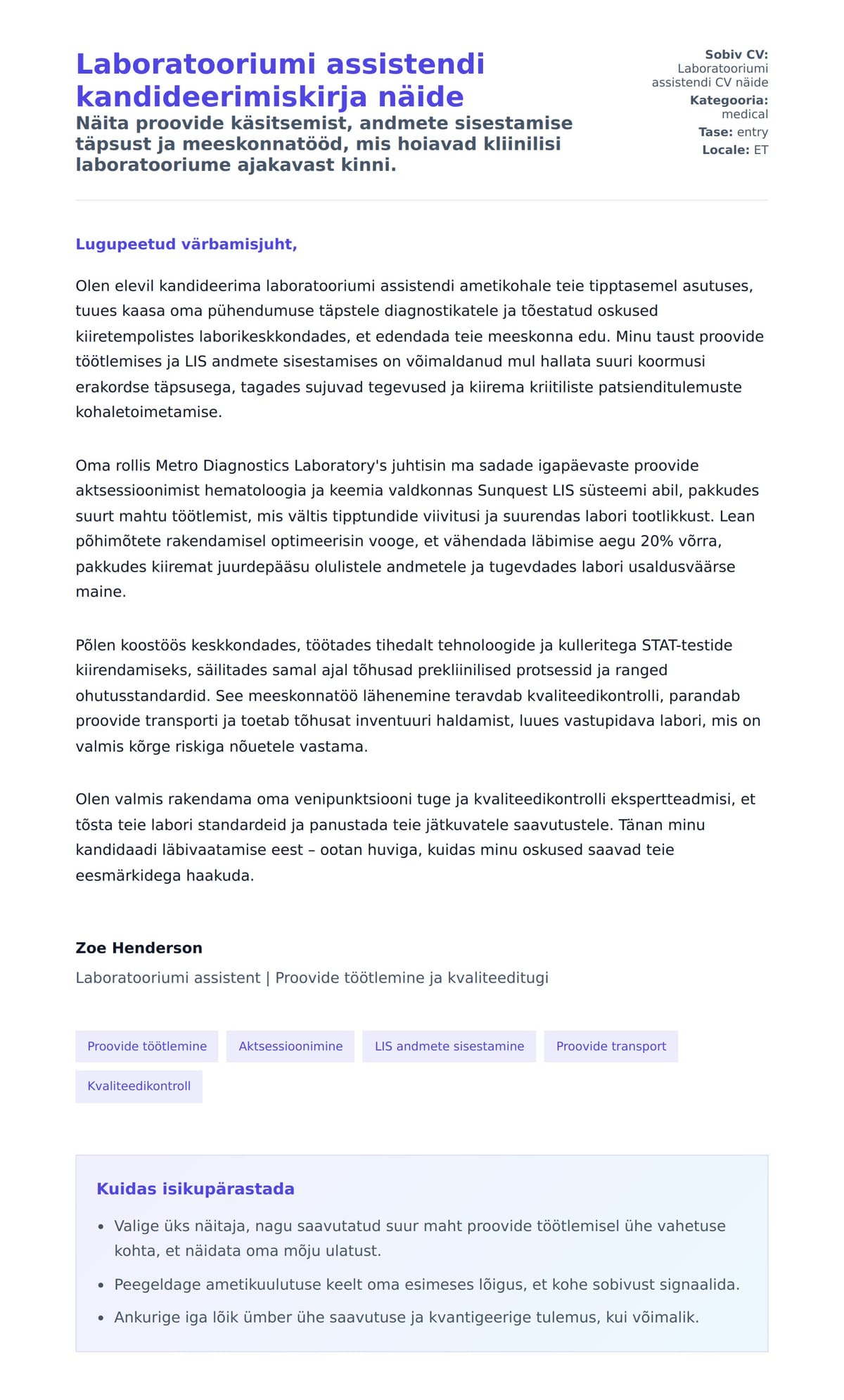 Kaaskirja eelvaade Laboratooriumi assistendi kandideerimiskirja näide jaoks