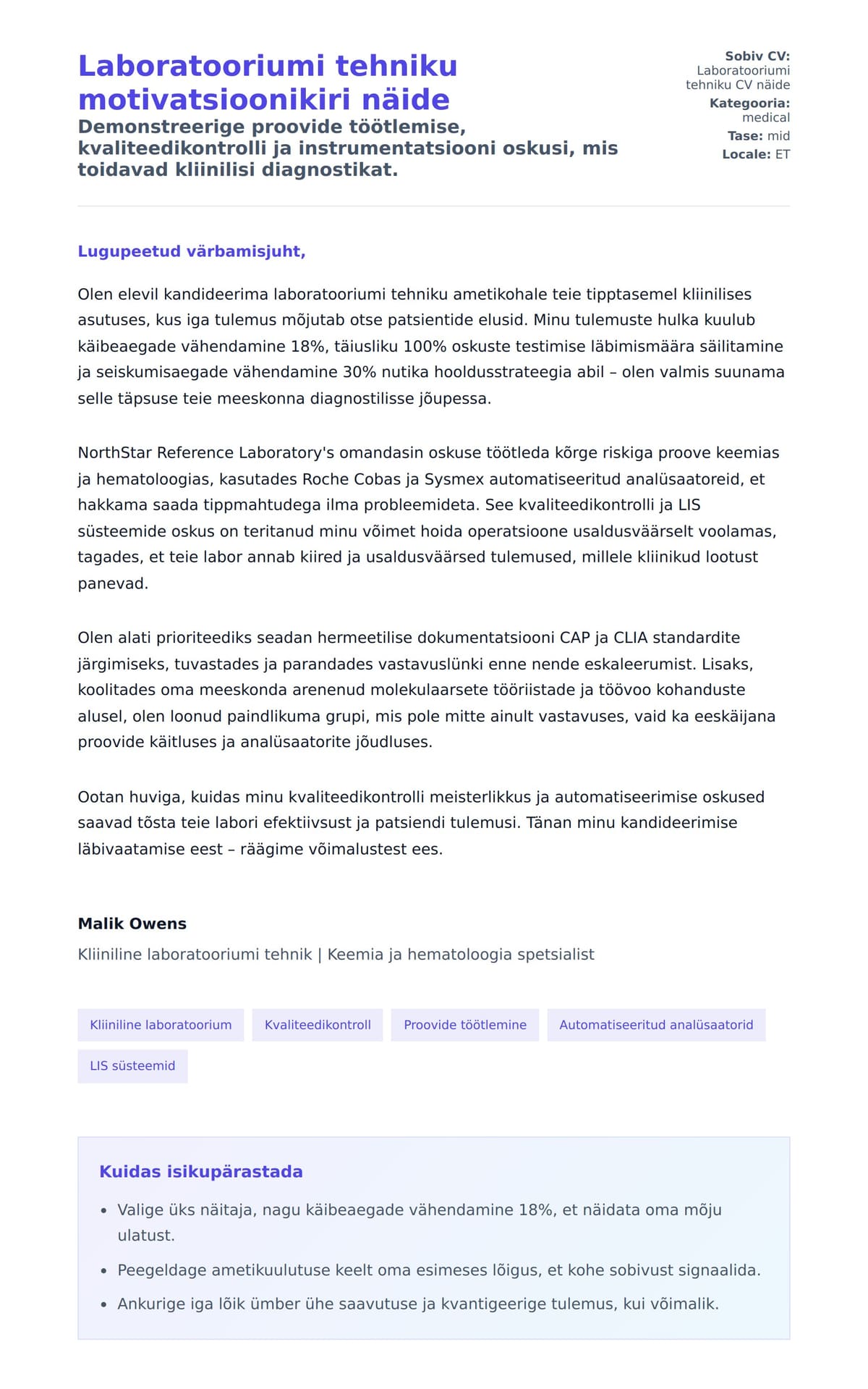 Kaaskirja eelvaade Laboratooriumi tehniku motivatsioonikiri näide jaoks